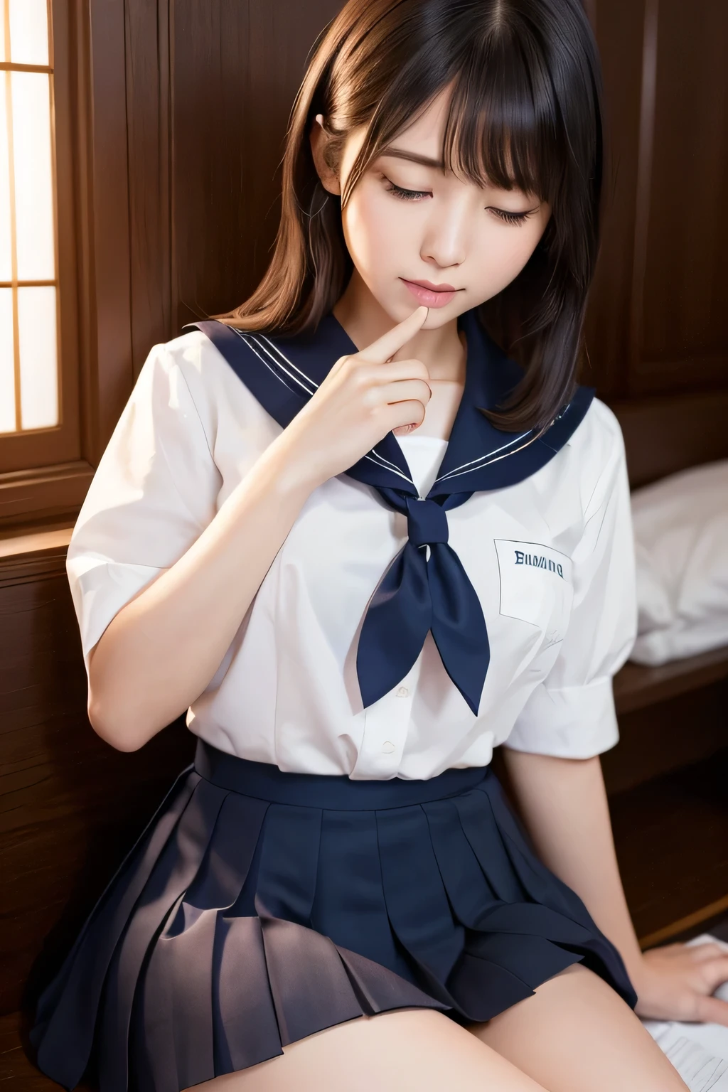 masterpiece，Best Quality，Official Art，High resolution CG Unity 8K wallpaper，Japanese schoolgirl， girl，Very delicate and beautiful，超AHigh resolution，（Realistic：1.4），Golden hour lighting，(Platinum Short Hair：0.8），（Swollen eyes），Tear bags、Eyes closed，Look down，Embarrassed，(white shirt、Sailor suit、Navy blue pleated skirt:1.2)，Beauty、Childish body type、The shirt accentuates his long black hair.，（Tokyo:1.5）， Thigh close up， masterpiece， Best Quality， RAW Photos， Realistic， (A cute face with a Japanese idol-like appearance:1.2)， Extremely absurd， Buatigarh， Depth of written boundary， High resolution， Super detailed， Fine Details， Very detailed， Highly detailed eyes and face， Sharp pupils， Student， Shining thighs， Cinema Lighting, (I&#39;m sitting deep in the train and sleeping), Short skirt,