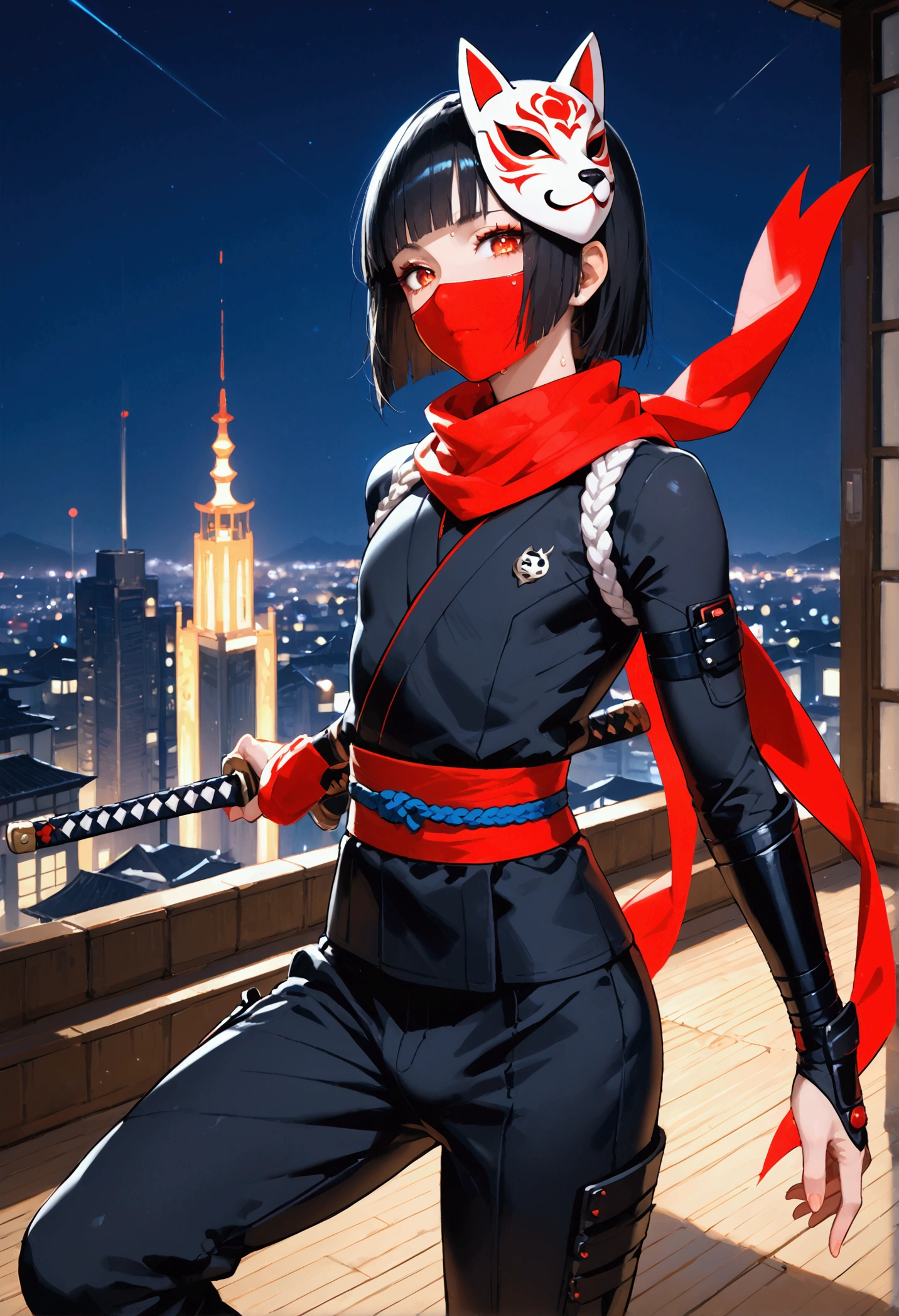 core_9, score_8_up, score_7_up, Very beautiful boy,The moment to jump,Strike a Pose,Dynamic Photography,Fox Mask,Ninja Mask, Ninja clothing,Red scarf,kunai,Japanese sword,Black Hair,,Semi-long,Hime cut,Night cityscape,Rooftop,Unreal beauty,Captivating eyes, femboy, trap,Sweating,Beautiful Shadows,Best Quality, (Intricate details), Cinematic Light,Ray Tracing