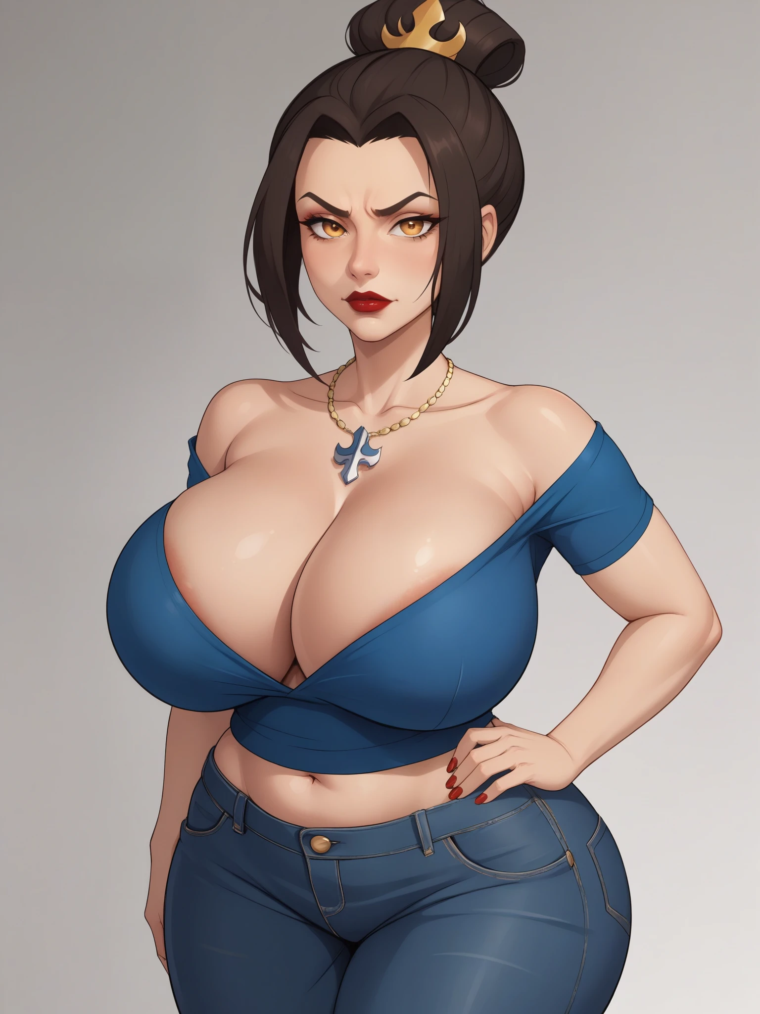 Azula. (beautiful, mature, tanned, amber eyes and a bbw girl. Azula's makeup consists of mascara and red lipstick. Azula also has wavy dark brown hair down to the middle of her back with two additional strands above her shoulders. huge saggy breasts. huge hips. necklace. bow. anger. red-blue shirt. jeans. bar