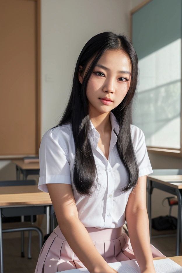 a thai girl with small breasts sitting in a classroom, school uniform, long black hair, beautiful detailed eyes, beautiful detailed lips, extremely detailed face, longeyelashes, sitting at a desk, looking at the camera, classroom background, warm lighting, soft shadows, pastel colors, elegant, refined, (best quality,4k,8k,highres,masterpiece:1.2),ultra-detailed,(realistic,photorealistic,photo-realistic:1.37)