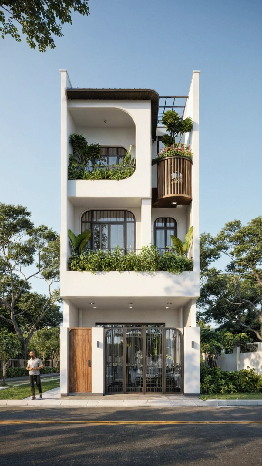 The 2-story, 1-story house has a high and narrow terrace with modern design, steel gates and wooden details. The outside is painted pearl white, the front wall has many curves. A few curved accents painted in muted colors, The house has windows on all sides and (wood and iron ceilings: 1,2). Materials include black steel and wood. The attic has trees growing in the middle columns, surrounded by tropical vegetation. The scene was shot from a 24mm perspective, with soft, natural lighting highlighting textures and materials, creating soft shadows that highlight the curves of the front wall and wooden details.