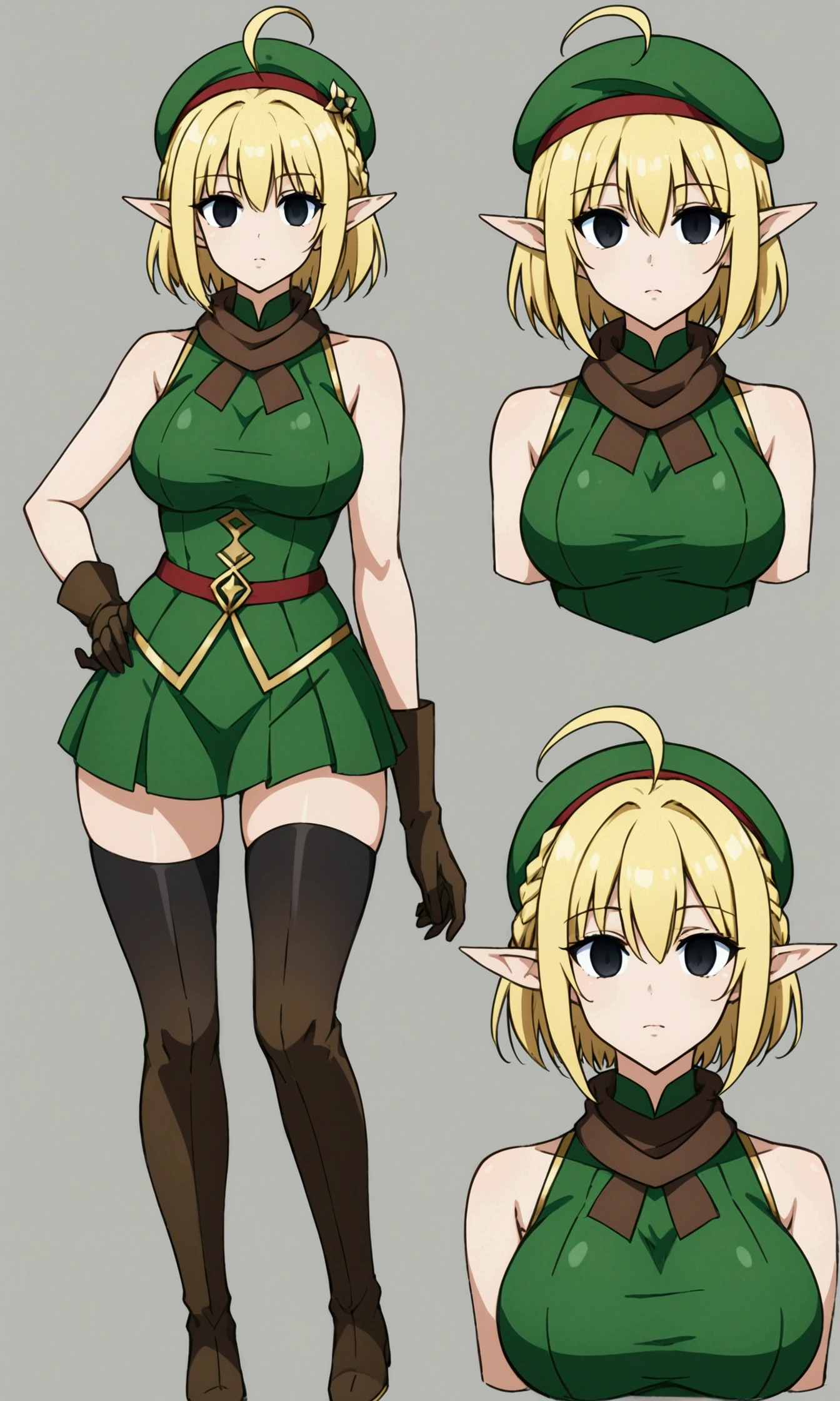 Parisian,1woman,elf,short hair,french braids,Blonde,(slender),ahoge,empty eyes,black eyes、big breasts,brown gloves,black elbow globes,(black thigh highs),(black mini beret)、Brown scarf、green crop top,sleeveless,green mini skirt,(brown knee boots),Thin thighs,full body,(character design sheet,same character,front,side,back)