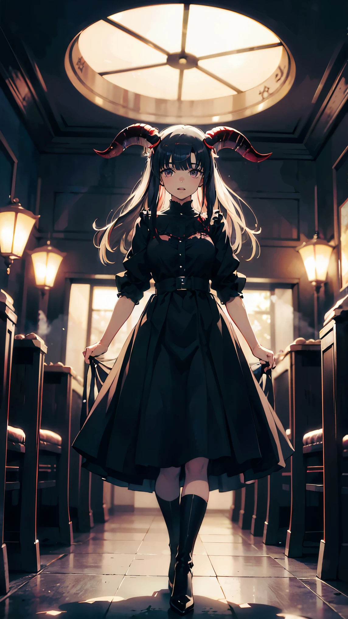 , perfect eyes, soft light, high image quality, 4K resolution, masterpiece: Thin skin, attention to detail, 最high image quality, Awards, very detailed, high image quality, devilの女王、Goat with horns, gothic dress, Living in the depths of hell, lava flow, long blue hair, blue eyes, red high heels, navy blue dress、shadow face 、has a gun、Staring at the audience with a look of fear、Bonitagirl、Very angelic、Pink Gothic Fashion、、、smile、long skirt、long black boots、.(最high image quality,4K,alta resolución,masterpiece:1.2),very detailed,realistic:1.37,Scary altar background,dark fantasy,red color scheme,threatening atmosphere,attractive,Anatomy of a story,anime style,conceptual art,Bonitaattention to detail顔と (((red eyes ))),A terrifying ritual ,devilの儀式,premature death,inappropriate behavior,クレイジーなsmile,Scythe Face, monster, Bonita Delicate features, sharp eye, sharp fangs, Skin, Dark Background Cinema Lighting, dramatic shadows, Gothic, spooky atmosphere, dark fantasy, 1 person'S, Please, open your mouth wide, Open your mouth and show your teeth,Teeth sharp like a beast, wide lips, very wide mouth, Red cheeks, ,(Blood splash:1.4),Scary smile, smile,Design de anjo, TwiSted smile、bloody、Bleeding in the head,,,,,、Blood splash、,(Blood splash:1.4),skull,devil'pistol,horror style, ((Fantasia Doce Ta Frill Pink Costume)), ((flowing blonde hair)), ,(Blood splash:1.4),feminine curves, Sexy flat belly, perfect hands, Perfect anime character face, (Tata Pink Dress)), Standing, ((邪悪なsmile)), ,(Blood splash:1.4), Steam circulation, moonlight, night lighting, (Blood splash:1.6),Anime Design de anjo, TwiSted smile、bloody、Bleeding in the head,,,,,、Blood splash、,(Blood splash:1.4), skull,Gothic architecture、Western architecture、Fantasy Mundo、,city
