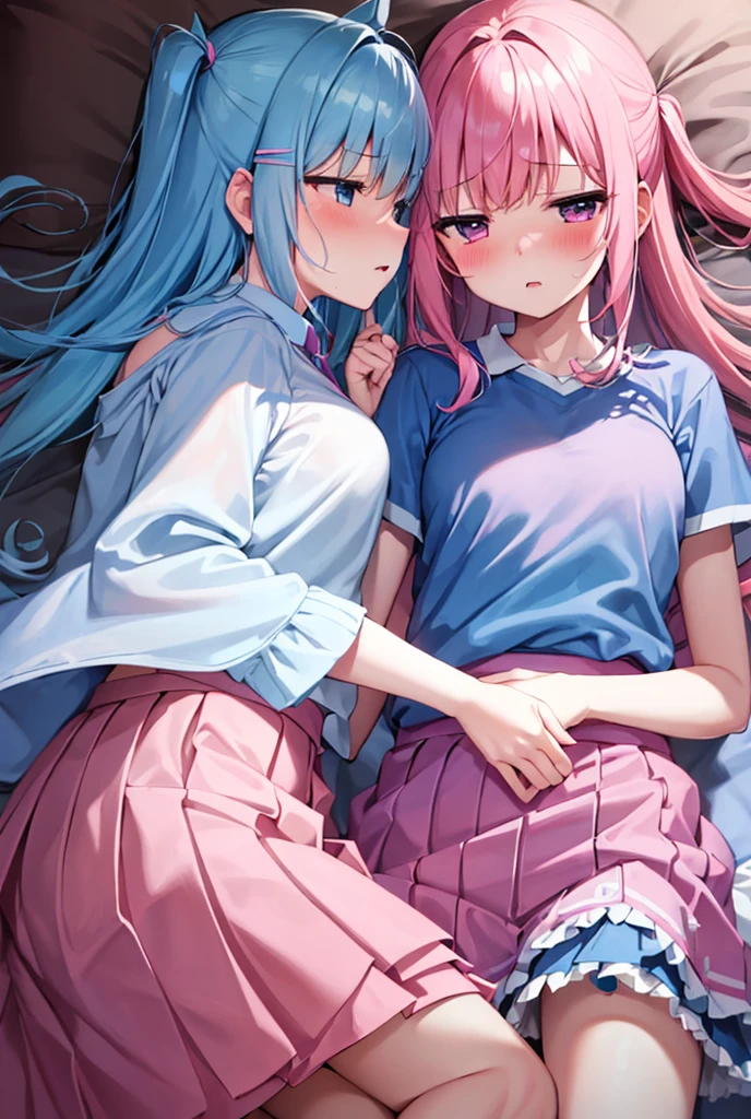 Masterpiece, Best Quality (２People high school girls), Light blue hair、hairpin、Light blue jersey、Light blue skirt、Horse riding、Pink Hair、Pink jersey、Pink Skirt、Lie down、(Same-Sex Sex)、blush、On the bed、Drooling、Facing the camera