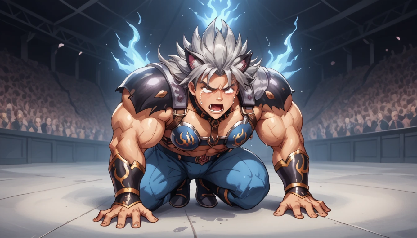 Toei animation style,(((Huge muscles))),Confront the enemy,Hyunckel,Handsome,good looking,Crying face,Silver Hair,,8k,High definition,Masterpiece,Detailed Description,Spiked Hair,tall,Sticking out tongue,Spider Suit,Devilish Wings,Cat ears,Partially torn armor,Open your mouth wide,Unfocused eyes,A black tattoo under the eye,(((Shiny and shiny,Long Hair,full body))),Surrounded by an aura of black flames,My whole body is wet,The devil takes over the body,Devil Boy Crowd,Harness,Imminent sexual activity,Black bones burst out of my body.,(((Writhing in pain on all fours))),(((孫悟空とHyunckel:1.8))),Blue Armor,megaman,Purple mist aura,Blue coat of arms,Jagged, sharp fangs,