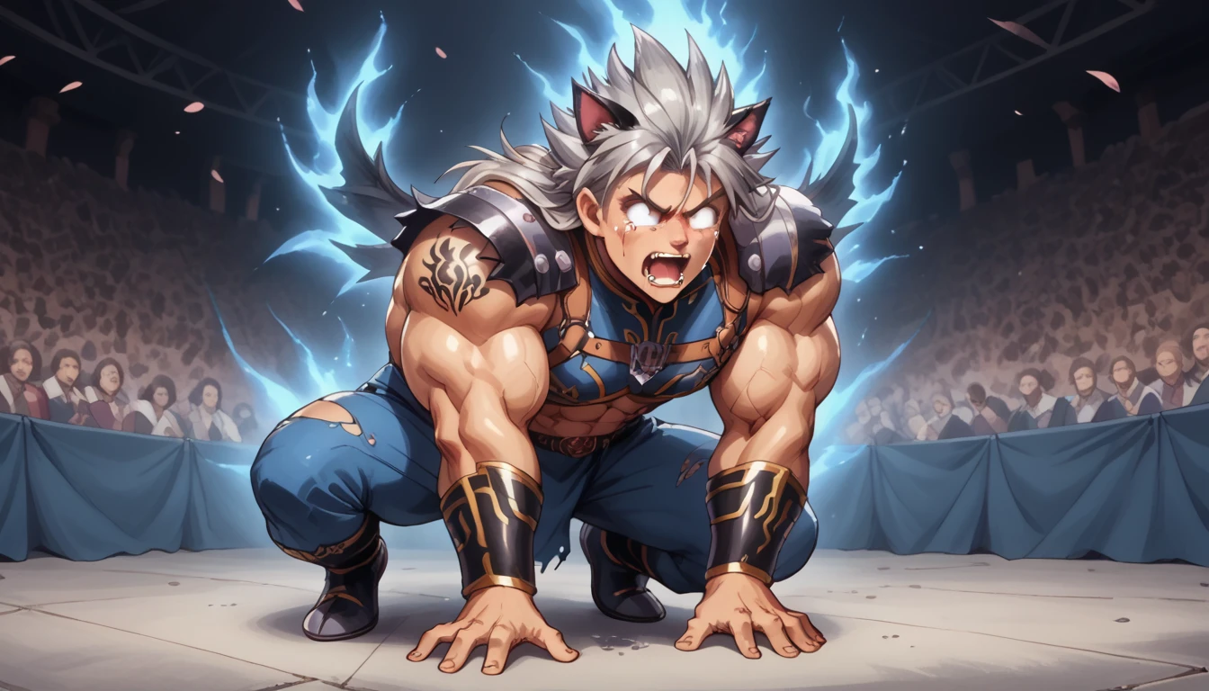 Toei animation style,(((Huge muscles))),Confront the enemy,Hyunckel,Handsome,good looking,Crying face,Silver Hair,,8k,High definition,Masterpiece,Detailed Description,Spiked Hair,tall,Sticking out tongue,Spider Suit,Devilish Wings,Cat ears,Partially torn armor,Open your mouth wide,Unfocused eyes,A black tattoo under the eye,(((Shiny and shiny,Long Hair,full body))),Surrounded by an aura of black flames,My whole body is wet,The devil takes over the body,Devil Boy Crowd,Harness,Imminent sexual activity,Black bones burst out of my body.,(((Writhing in pain on all fours))),(((孫悟空とHyunckel:1.8))),Blue Armor,megaman,Purple mist aura,Blue coat of arms,Jagged, sharp fangs,