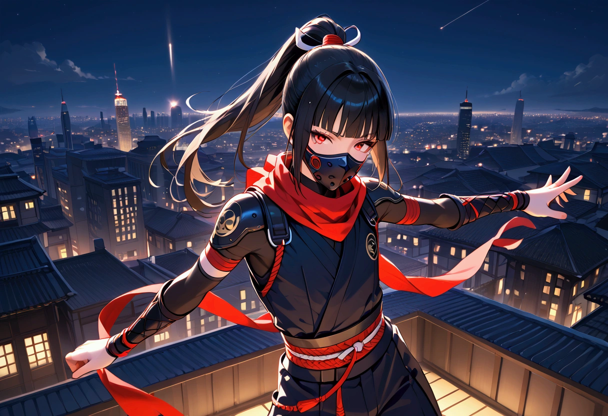 core_9, score_8_up, score_7_up, Very beautiful boy,The moment to jump,Strike a Pose,Dynamic Photography,Ninja Mask, Ninja clothing,Red scarf,Wakizashi,Shuriken,Black Hair,,Semi-long,Hime cut,ponytail,Night cityscape,Rooftop,Unreal beauty,Captivating eyes, femboy, trap,Sweating,Beautiful Shadows,Best Quality, (Intricate details), Cinematic Light,Ray Tracing