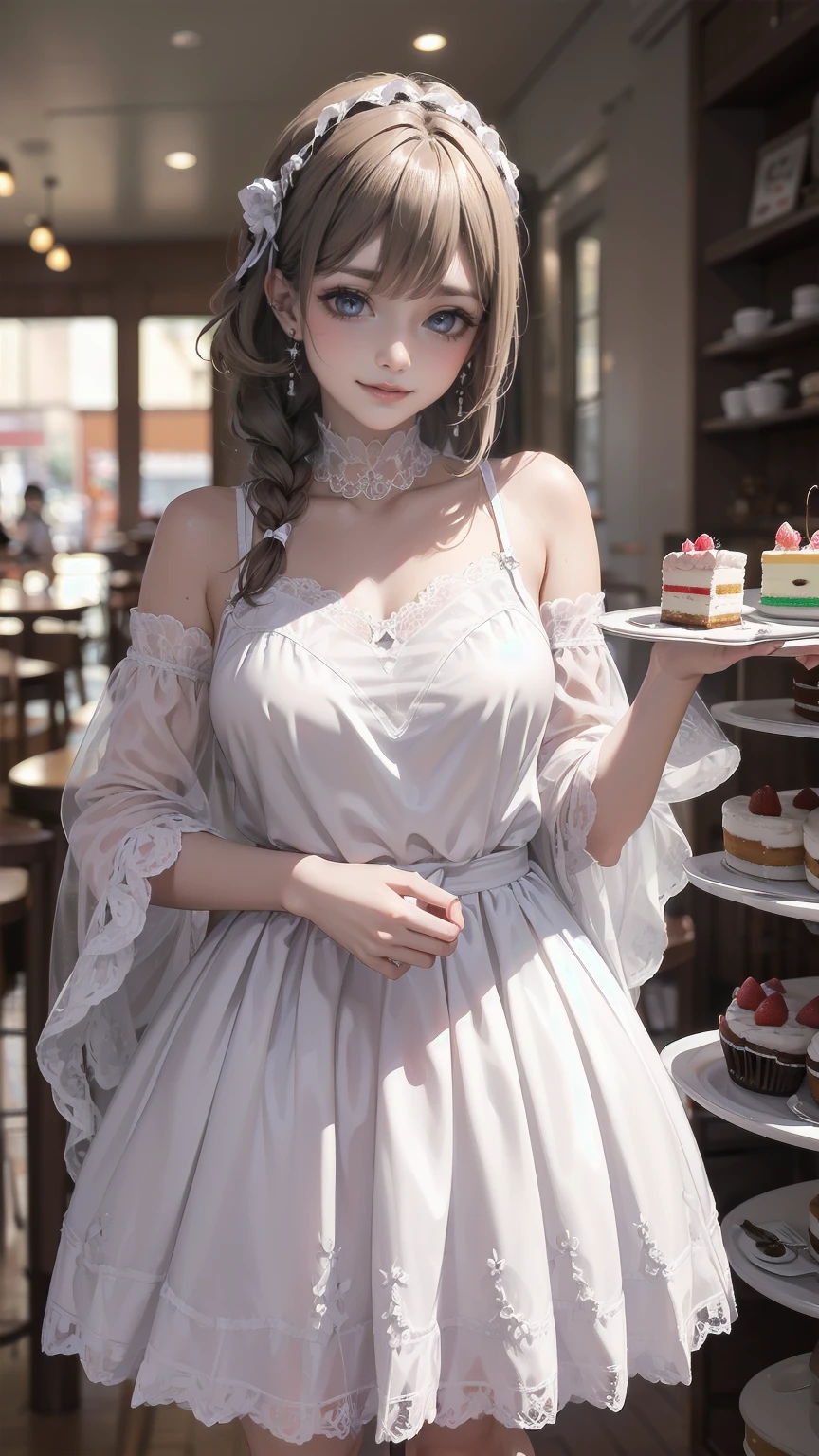 Please redeem、High resolution、detailed background、Beautiful Face、Beautiful, smooth skin、Skin Texture、cute10代の美少女、Realistic、Perfect body line、Braided ponytail、cute髪型、Quiet atmosphere、Happy expression、Upper Body、Tea time at the cafe、(Enjoy cakes and sweets while chatting at a cute cafe:1.5)、Choose white or pastel colors for your lace tops and flared skirts...、Sandals or heels、Lace tops are see-through, Wear it with an inner camisole for an elegant look....、Choose a light-colored lace blouse、Add some feminine movement with a pleated skirt.Adding lace to the sleeves and collar of the blouse makes it even more cute.、Choose a colorful lace camisole、Add elegance with a midi skirt。、cute、masterpiece:1.5、