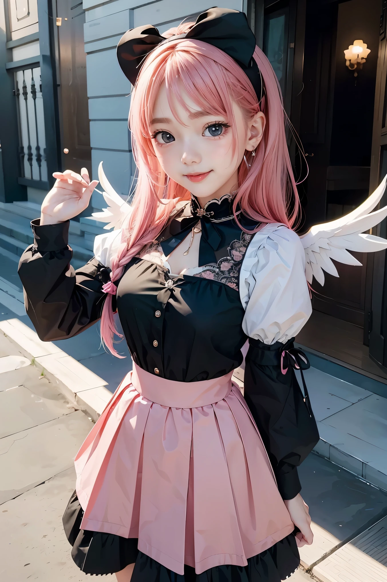 Anime Style、story、、Beautiful girls、very cute angel、Pink Gothic Dress、cute、、smile、Long skirt、Black boots、Very cute headband
