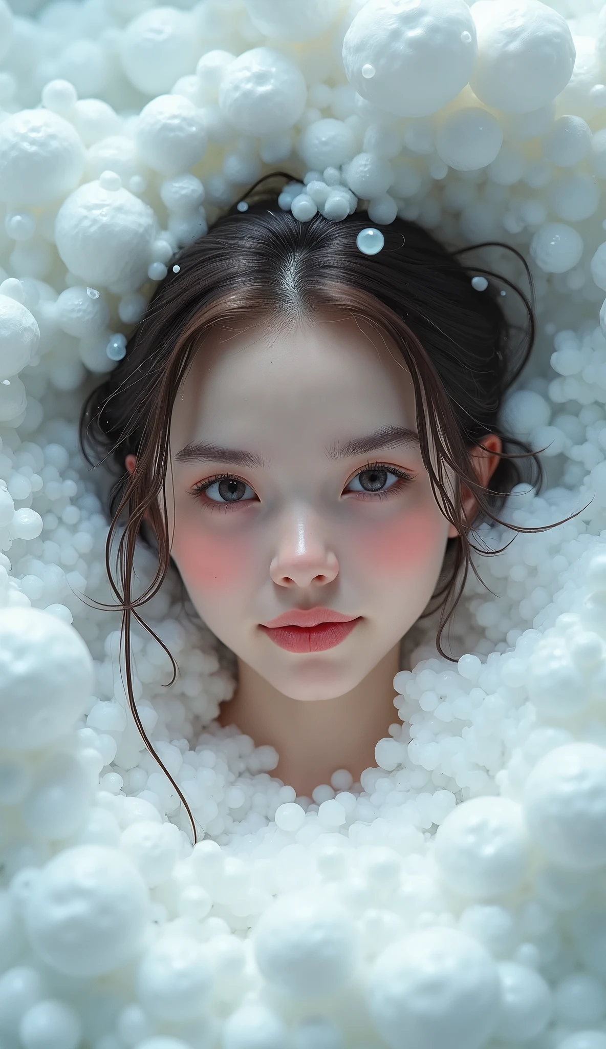 Hyperrealistic、Realistic、、Realistic photos、A woman emerging from the pure white foam、Russian girl、Fronde、Foamy hair、grin:0.1、(((Red cheeks and nose:0.1)))、Bubbles Background