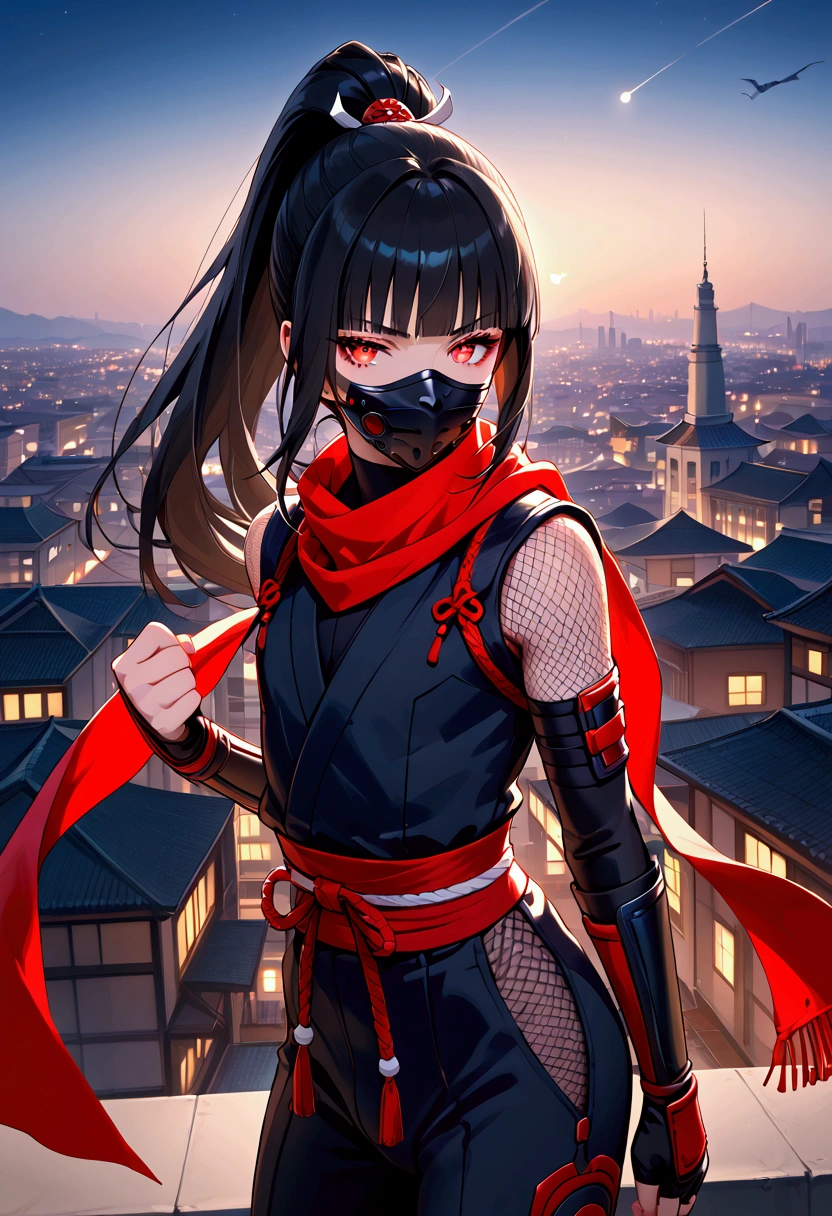 core_9, score_8_up, score_7_up, Very beautiful boy,The moment to jump,Strike a Pose,Dynamic Photography,Ninja Mask, Ninja clothing,Red scarf,Wakizashi,Shuriken,Black Hair,,Semi-long,Hime cut,ponytail,Night cityscape,Rooftop,Unreal beauty,Captivating eyes, femboy, trap,Sweating,Beautiful Shadows,Best Quality, (Intricate details), Cinematic Light,Ray Tracing