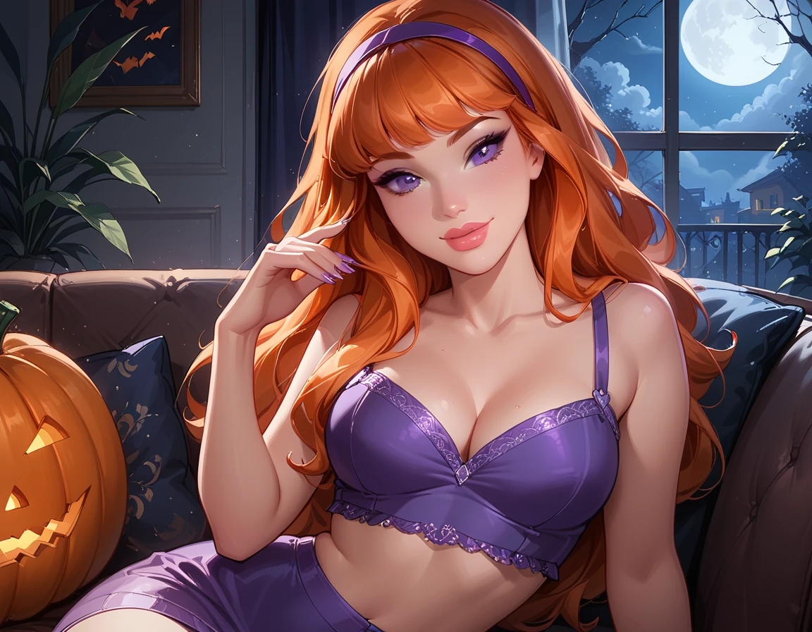 score_9, score_8_up, score_7_up, cinematic film still, solo, 1girl, very sexy (EPsbdDaphne, orange hair, long hair, purple eyes, purple hairband:1.3), wearing cute short and blouse, midriff, cleavage, beautiful waifu, thicc, flirt, gaze, sexy look, half-closed eyes, head tilt, filled lips, thick lips, sweet smile, makeup, sexy pose, confident, relaxing on a large comfy sofa, in her living room, Halloween theme, haunted, night, dark, expressiveh d4rk01l, perfect hands, perfect proportions.