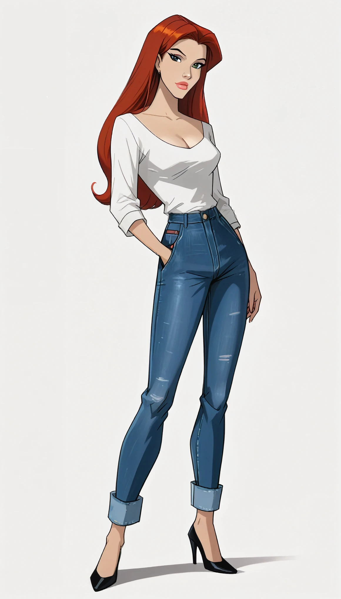 score_9, score_8_up, score_7_up, dcaustyle, 1girl, solo, very sexy mature (Jean Grey, Evolution, long hair, red hair, green eyes, retro artstyle:1.3), sexy trousers, loose blouse, cleavage, heels, (beautiful waifu, thicc, long legs:1.4), flirt, gaze, sexy look, half-closed eyes, head tilt, filled lips, thick lips, makeup, side view, (full bodies in view) expressiveh d4rk01l, perfect hands, perfect proportions, simple background, (ultra-detailed), (detailed face:1.2).