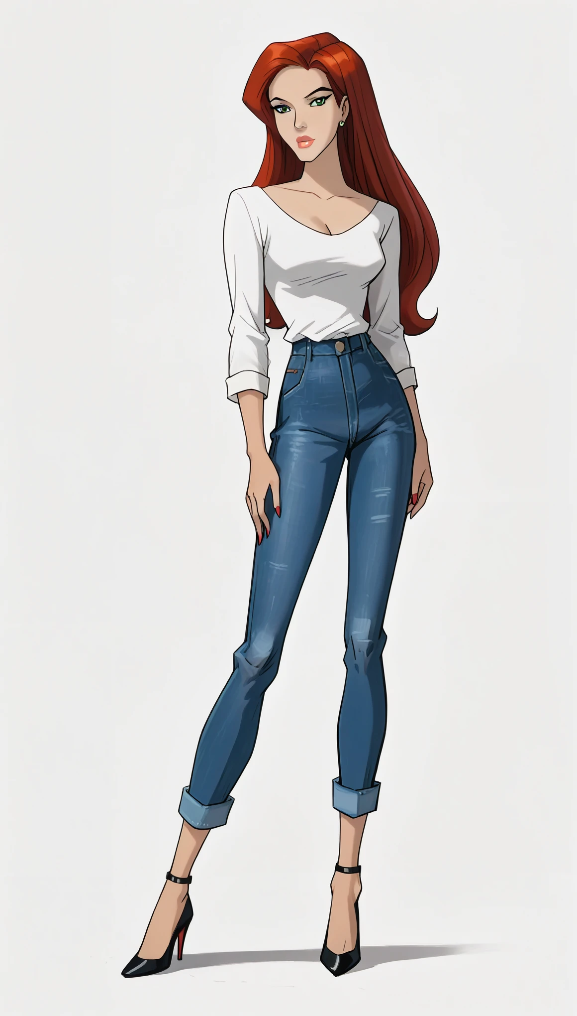 score_9, score_8_up, score_7_up, dcaustyle, 1girl, solo, very sexy mature (Jean Grey, Evolution, long hair, red hair, green eyes, retro artstyle:1.3), sexy trousers, loose blouse, cleavage, heels, (beautiful waifu, thicc, long legs:1.4), flirt, gaze, sexy look, half-closed eyes, head tilt, filled lips, thick lips, makeup, side view, (full bodies in view) expressiveh d4rk01l, perfect hands, perfect proportions, simple background, (ultra-detailed), (detailed face:1.2).