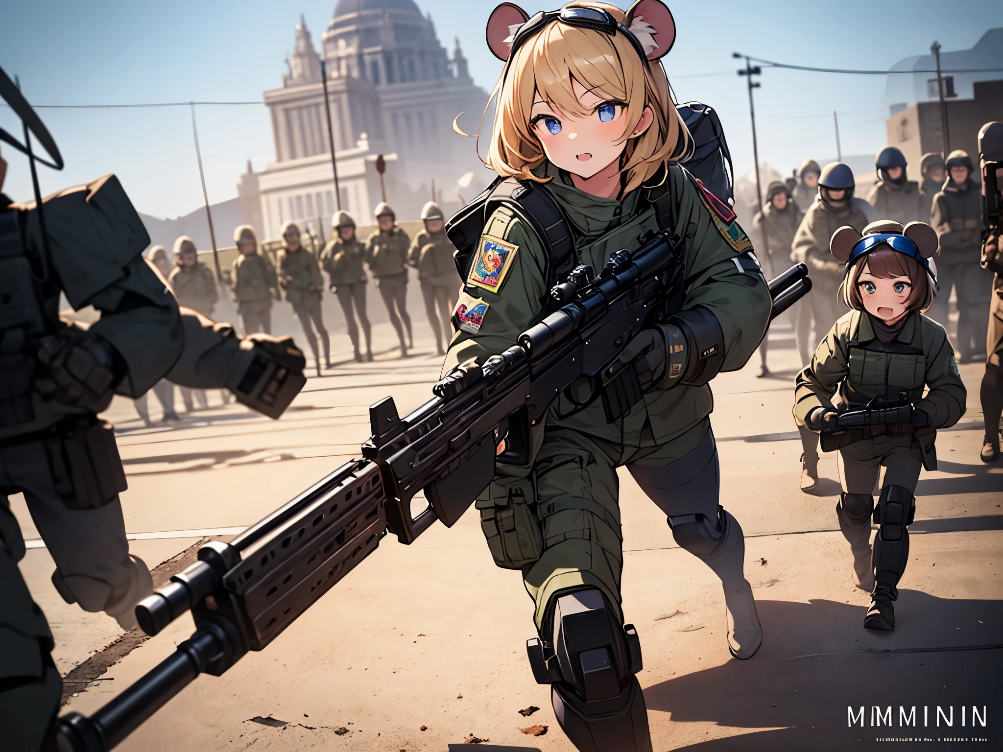 masterpiece, Best Quality, Perfect Face, Highest Resolution, Best Quality,Detailed depiction of the eyes, 8k, Action Shots, RimWorld, ratkin, 4 girls, young, small, Slender body, Mouse Ears, Helmet with goggles, Combat Uniform, battle field, rifle, enemy robot