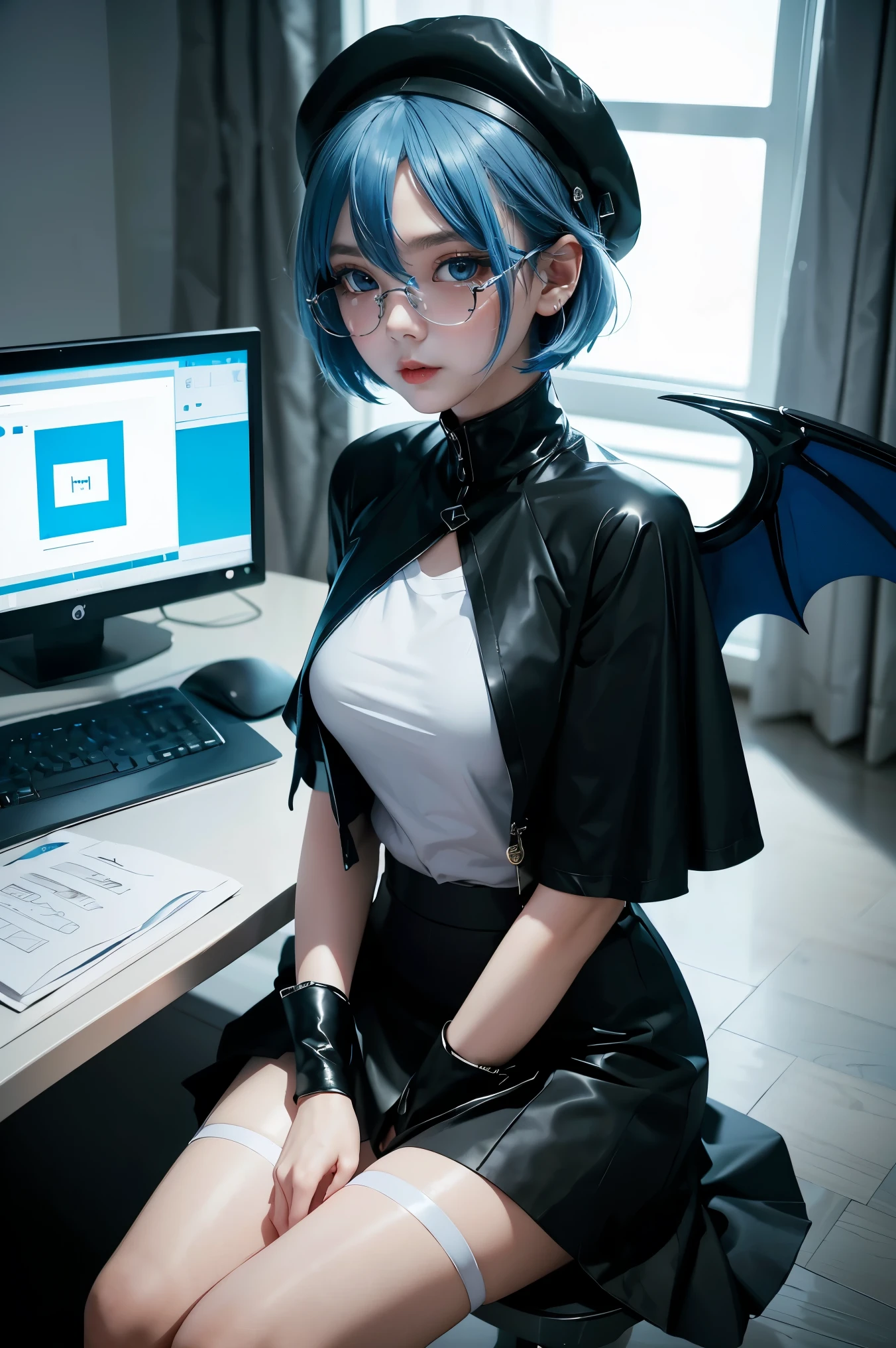 1girl, lil' evil, blue hair, blue eyes, short hair, black capelet, skirt, white pantyhose, blue demon wings, blue-tinted eyewear, mini hat,, indoors, hideout, many computer monitors, phantom thief hideout,, , 