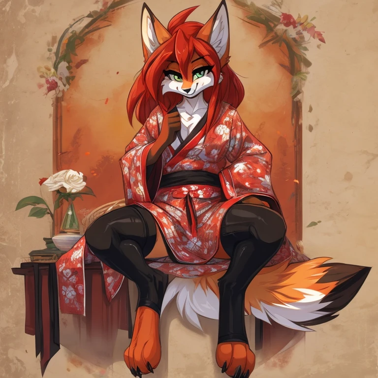 alone,(Masturbation),Furry,(Fox Girl,kimono),Women&#39;s furry mini cute style,No background,Humanoid Fox,Fantasy,