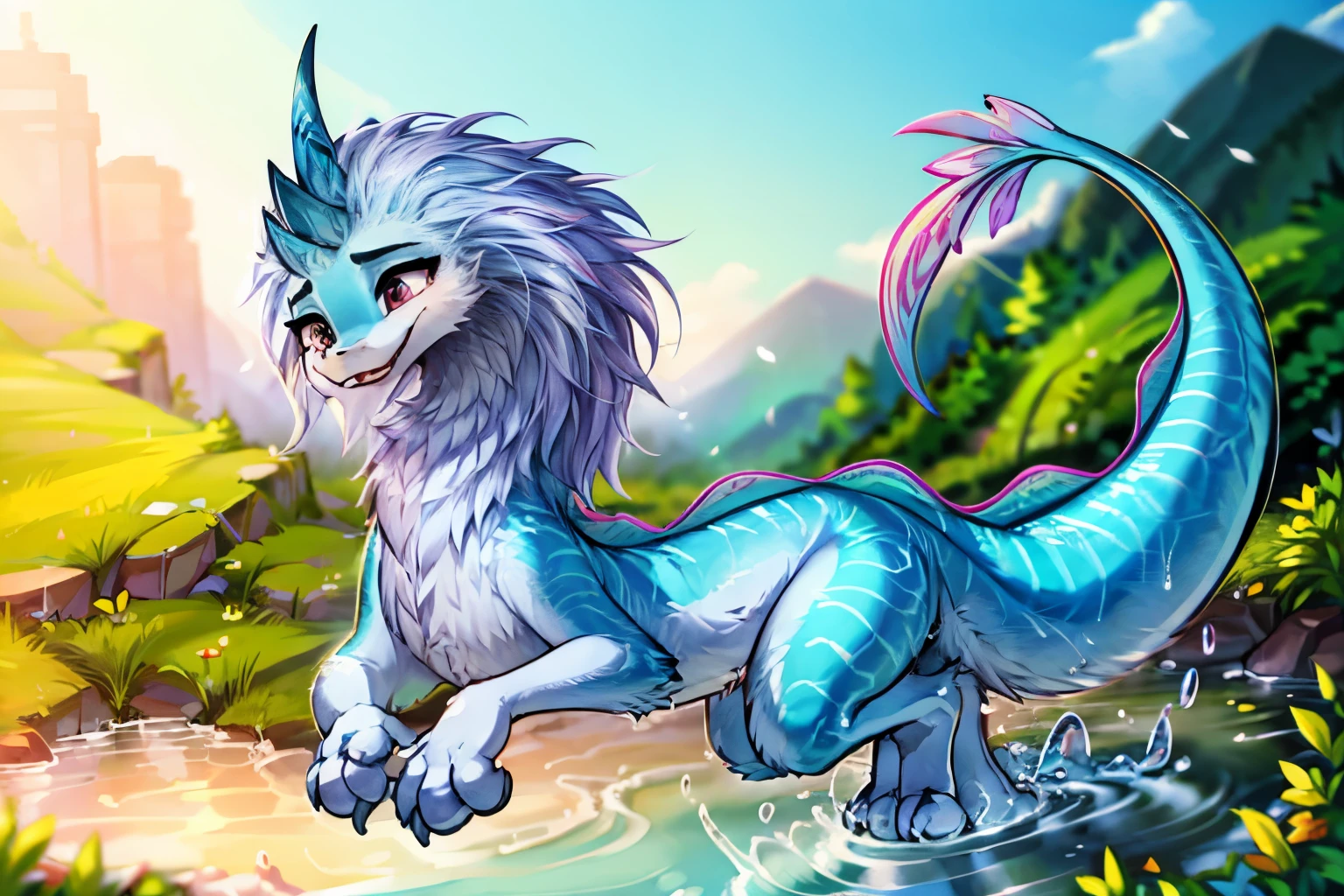 sisu, dragon, furry, ((((feral quadruped)))), (feral_quadruped), female, ((hyper_hips)), skinny, masterpiece, best quality, super high resolution, 4k RAW, female, long hair, cyan skin, very long body, light blue mane, long body, (((full body))), perfect lighting, long tail, detailed extremely tail, masterpiece, detailed fur, detailed shading, beautiful render art, perfect detailed face, detailed tabs, two horns, long hip, looking at the viewer, beautiful eyes, FEMALE, perfect body, perfect lighting, (((4 toes))), black claws, solo,(ultra detailed), eyeliner, perfect detailed eyes, detailed nose dragon, (defined legs muscles), (((beautiful feet))), (((beautiful hands))), ((((all four legs are visible)))), the four legs are excellently drawn excellently detailed and without deformations or mutations, detailed nose dragon, old city background, standing, detailed face, solo, full body portrait, beautiful eyes, cowboy shot, good anatomy, blue hair, perfect illustration, very long hair, realistic proportions, good anatomy, clearly draw eyes, detailed eyes, datiled pupiles, long lashes, detailed lashes, detailed face, detailes hair, beautiful hair, beautiful face, eyeliner, beautiful body, perfect body, good body anatomy, beautiful, beautiful feet, professional art, ultra detailed, perfect lighting, rounded eyes, perfect eyes, extremely detailed beautiful eyes, eye pupil, beautiful eyelashes, realistic eyes, perfect body, perfect face, female focus, from front, enjoying the air, 