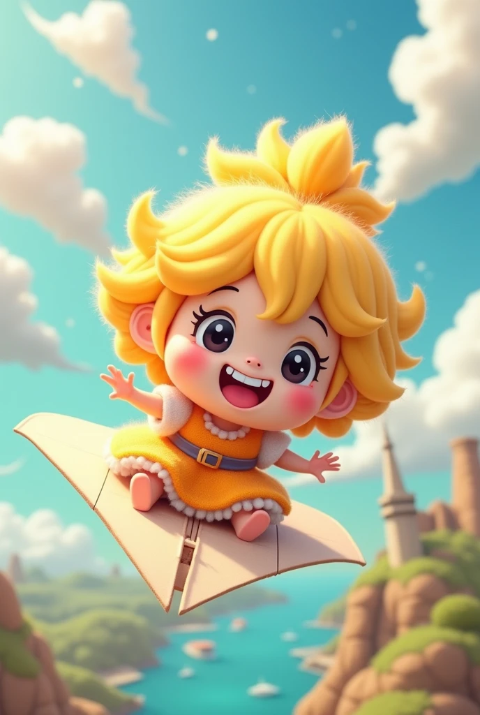 kawaii chibi character, riding a paper plane, traveling the world, laughing out loud with teeth showing, laughing with joy, big droopy eyes, huge mouth, yellow fluffy messy wavy short hair, ahoge, wearing fluffy dress, BREAK background world map, immersive views of tourist spots, fantasy effects, BREAK delicate and dynamic textures, contrasts of light and shadow, 2.5D, digital graphic CG, BREAK ultra detailed, absolutely resolution, best quality