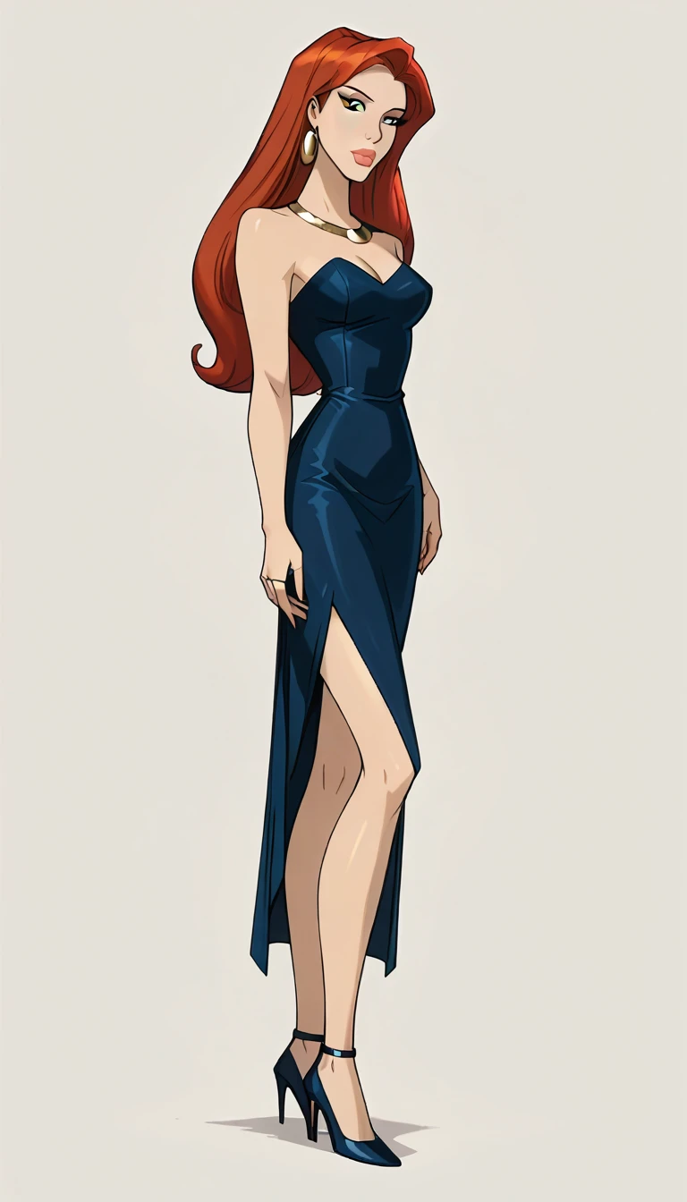 score_9, score_8_up, score_7_up, dcaustyle, 1girl, solo, very sexy mature (Jean Grey, Evolution, long hair, red hair, green eyes, retro artstyle:1.3), sexy halter dress, cleavage, heels, (beautiful waifu, thicc, long legs:1.4), flirt, gaze, sexy look, half-closed eyes, head tilt, filled lips, thick lips, makeup, side view, (full bodies in view) expressiveh d4rk01l, perfect hands, perfect proportions, simple background, (ultra-detailed), (detailed face:1.2).