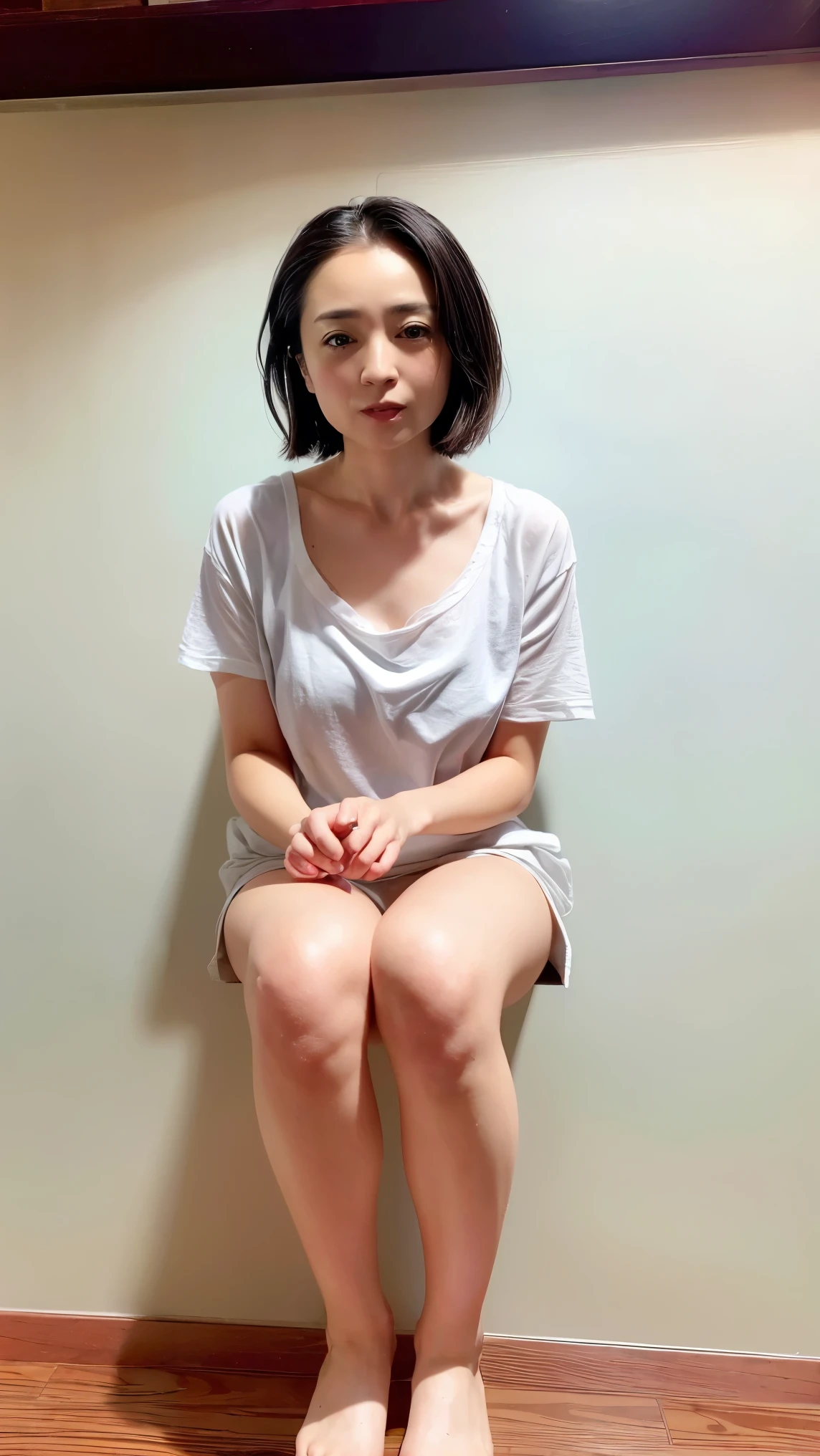 ((Age 30, Petite women, Voluptuous women, No makeup, 笑face)), (Full body portrait, Black Hair, short hair, Large Breasts, Wear a white T-shirt, panties), White skin, Thin lips, skinny, Body Type, Delicate and sexy collarbone, Best Quality, RAW Photos, Realistic, face, so beautiful, cute, Depth of written border, High resolution, 超detailed, detailed, Very detailed, extremely detailed eye and face, Sharp focus, Cinema Lighting