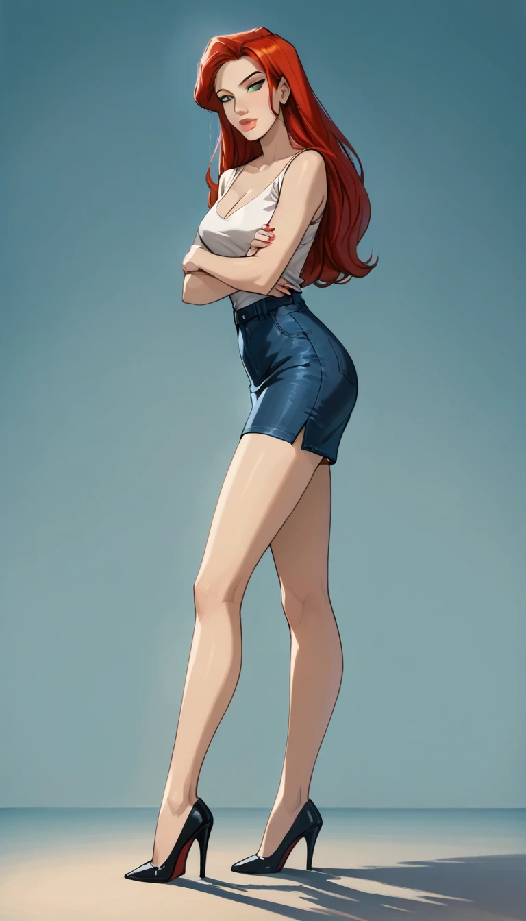 score_9, score_8_up, score_7_up, 1girl, solo, very sexy mature (Jean Grey, Evolution, long hair, red hair, green eyes, retro artstyle:1.3), short skirt, tight blouse, sleeveless, bare arms, cleavage, heels, (beautiful waifu, thicc, long legs:1.4), flirt, gaze, sexy look, half-closed eyes, head tilt, filled lips, thick lips, makeup, side view, (full bodies in view) expressiveh d4rk01l, perfect hands, perfect proportions, simple background, (ultra-detailed), (detailed face:1.2).