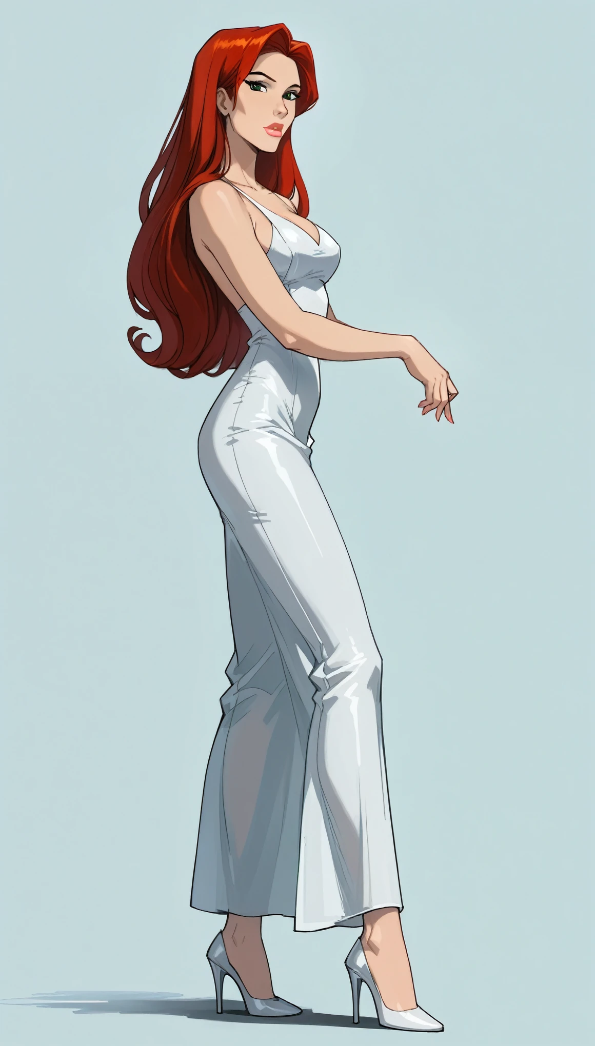 score_9, score_8_up, score_7_up, 1girl, solo, very sexy mature (Jean Grey, Evolution, long hair, red hair, green eyes, retro artstyle:1.3), sexy halter dress, cleavage, heels, (beautiful waifu, thicc, long legs:1.4), flirt, gaze, sexy look, half-closed eyes, head tilt, filled lips, thick lips, makeup, side view, (full bodies in view) expressiveh d4rk01l, perfect hands, perfect proportions, simple background, (ultra-detailed), (detailed face:1.2).