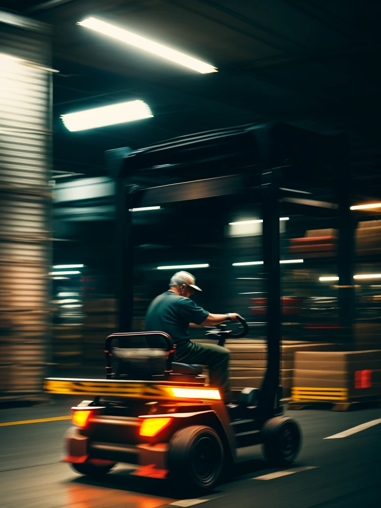 Forklift and old man
 , ( soft focus , Shallow focus , dim light) , tail slide blur , drift , cardrifting , tail light blur