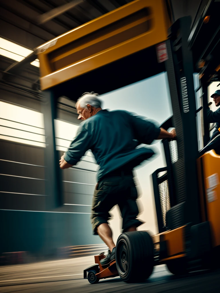 Forklift and old man
 , ( soft focus , Shallow focus , dim light) , tail slide blur , drift , cardrifting , tail light blur