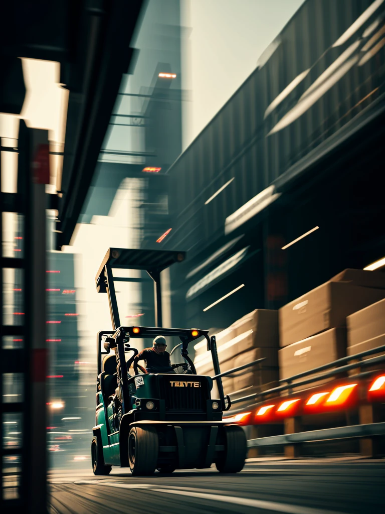 Forklift and old man
 , ( soft focus , Shallow focus , dim light) , tail slide blur , drift , cardrifting , tail light blur