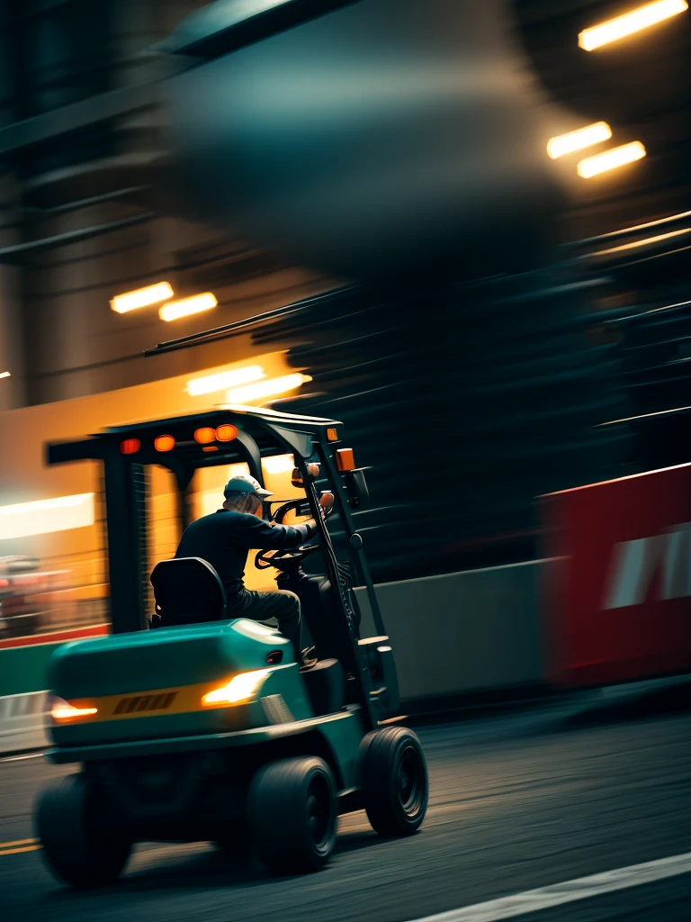 Forklift and old man
 , ( soft focus , Shallow focus , dim light) , tail slide blur , drift , cardrifting , tail light blur