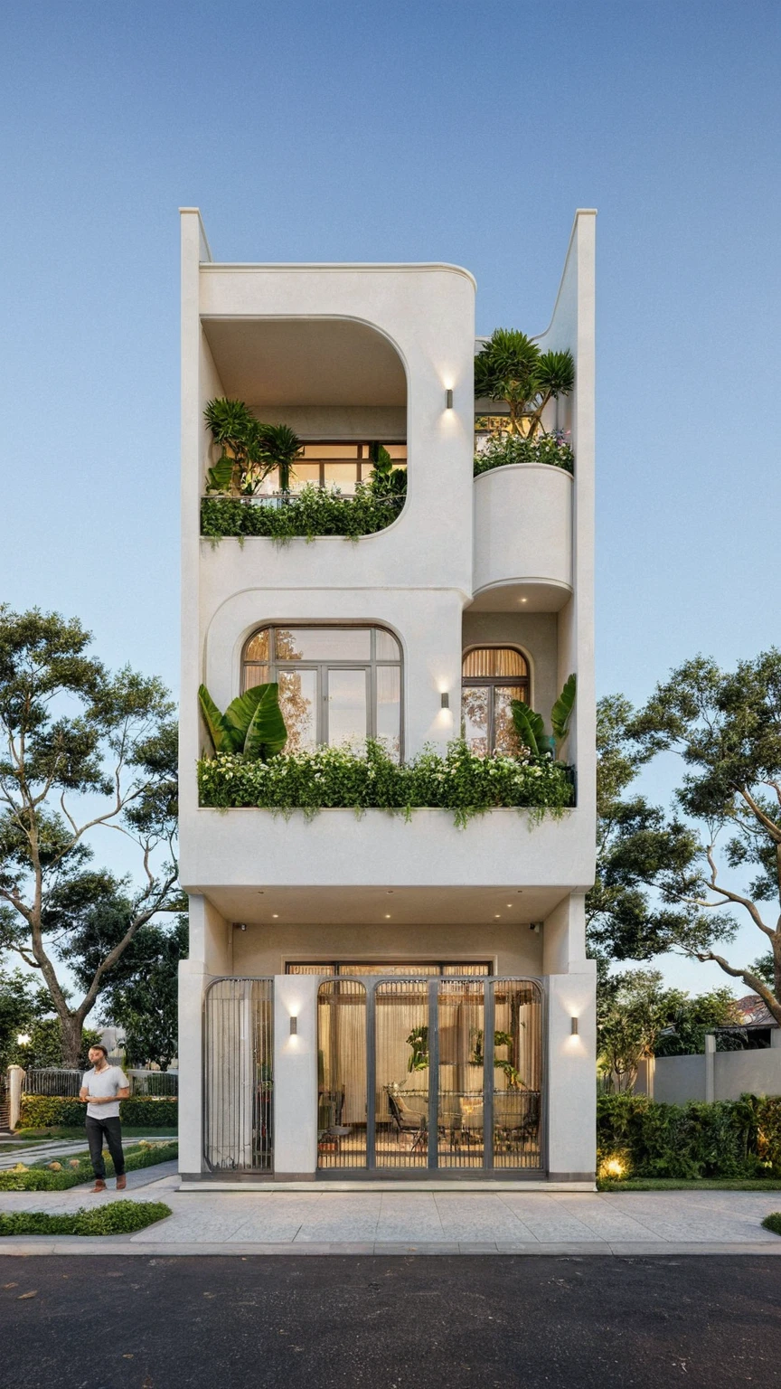 Image of a modern three-story building with unique architectural design. The building's facade combines curves and straight lines, with the upper two floors featuring circular balconies decorated with greenery. The ground floor has a large glass entrance, surrounded by vertical metal bars, creating an elegant appearance. There is a person standing in front of the building, which helps create a sense of scale of the structure.

The design of this building is interesting for its combination of organic shapes and modern materials, creating a space that is both aesthetic and functional, be it residential or commercial space.