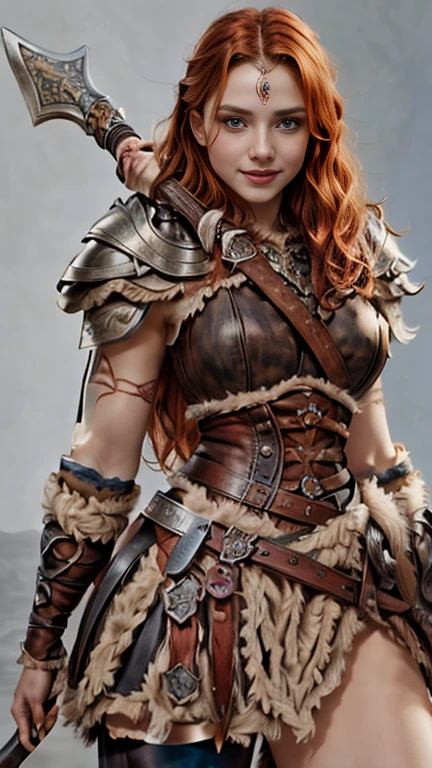 stunning detailed portrait of a strong female warrior, 1girl, huge breasts, red long hair, very long hair, holding two swords with both hands, smiling, full body view, masterpiece, highly detailed,highly detailed face, hyper realistic, vibrant colors, dramatic lighting, cinematic, epic fantasy
