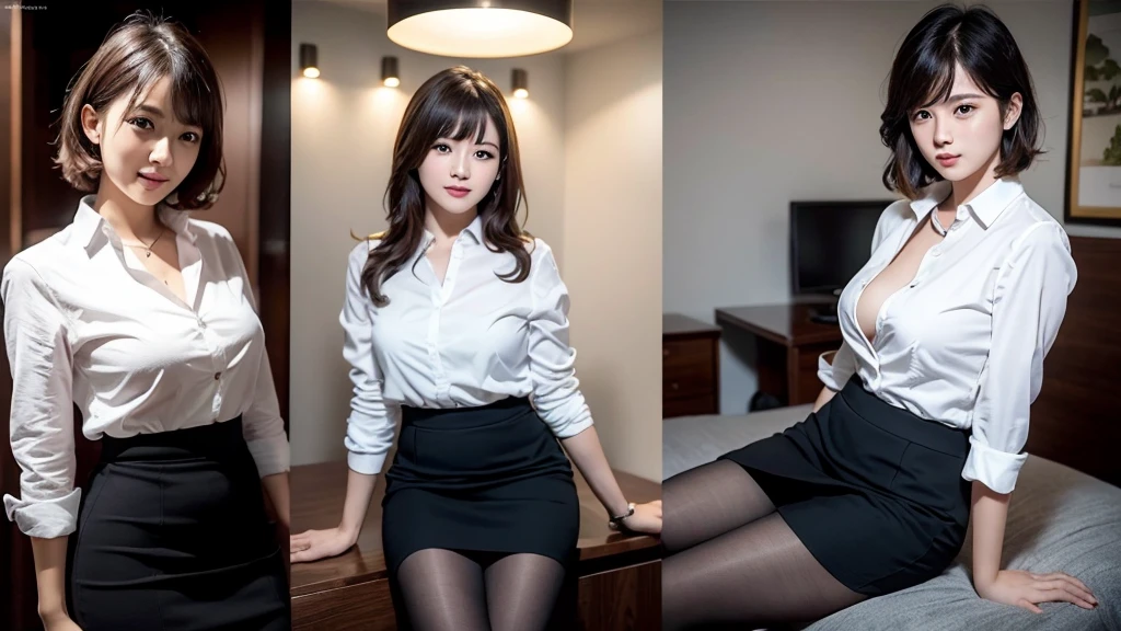 Asian woman，tight-fitting，People are plump，The waist is very thin，The person is beautiful，详细的脸，Very good looking，Short Untidy Hair，The costume is a black skirt，black lence stockings，Sit in a chair in the office，Legs crossed， xkkkxx style，huge breasts,lying on the ground,(View from below), (Saddle, Squat, Spread Legs, Spread Legs show crotch), (huge breasts), (undressing), (transparent ), ((nipple)), ((The breasts came out of the clothes)), Panties disappear，Pubic hair clearly visible，((vaginal)),