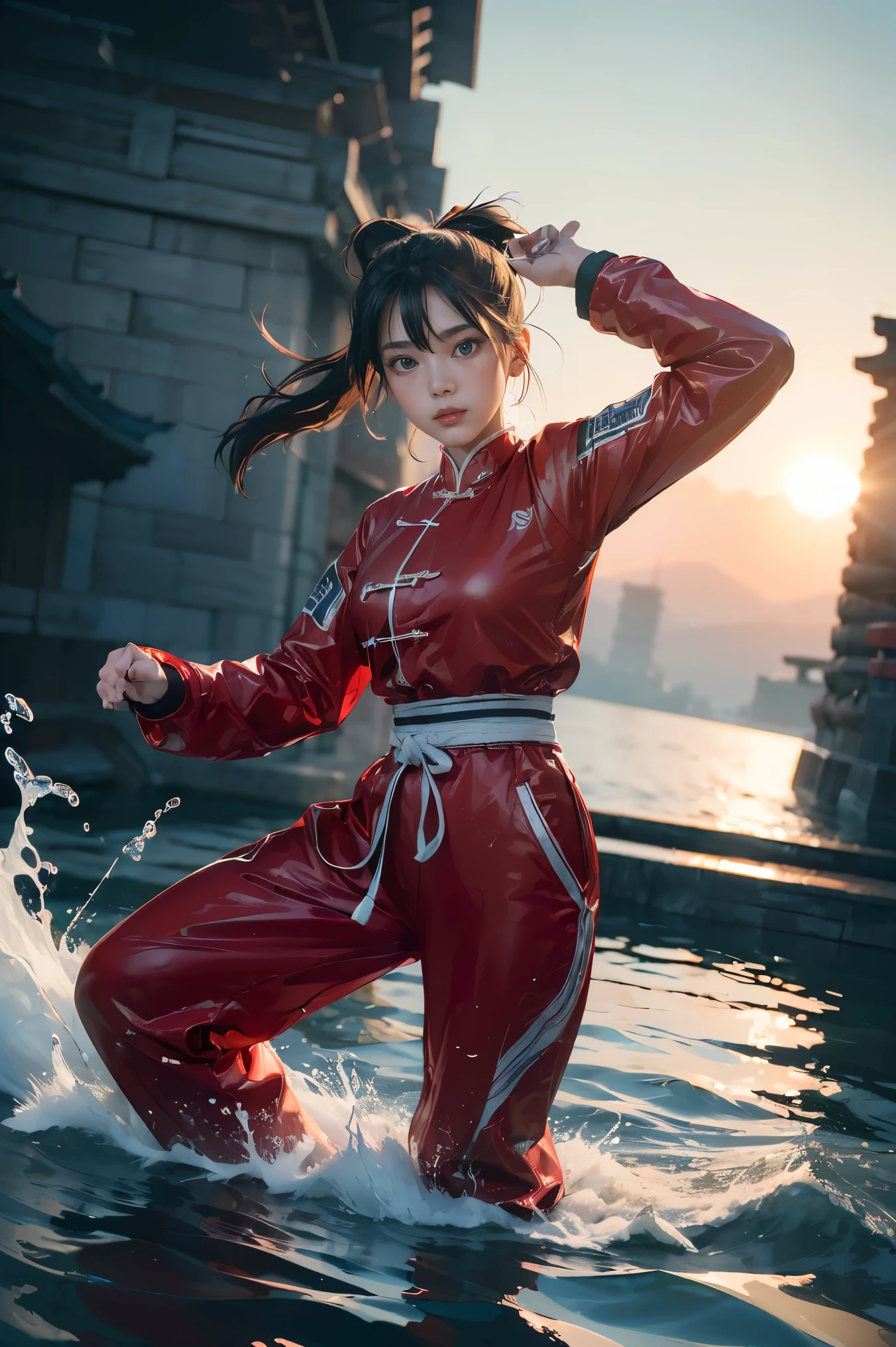 ((Highest quality, 8k, masterpiece:1.3)), 1girl, Fighter pose, (( futuristic Kung Fu Clothing)), Flowing water movement, Sharp Eyes, Toned Body, red, ponytail, track pants, kungfu-styled jacket