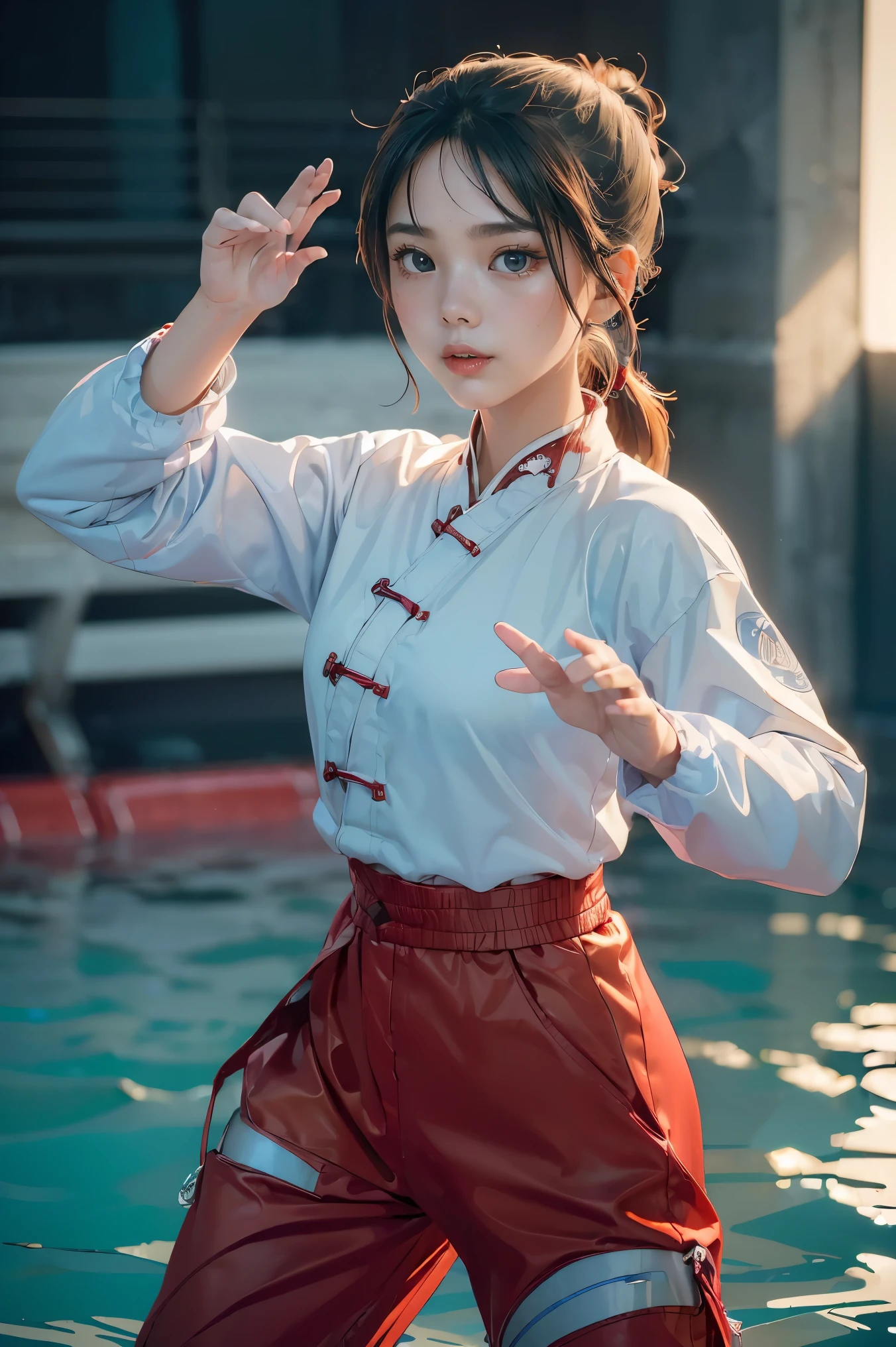 ((Highest quality, 8k, masterpiece:1.3)), 1girl, Fighter pose, (( futuristic Kung Fu Clothing)), Flowing water movement, Sharp Eyes, Toned Body, red, ponytail, track pants, kungfu-styled jacket