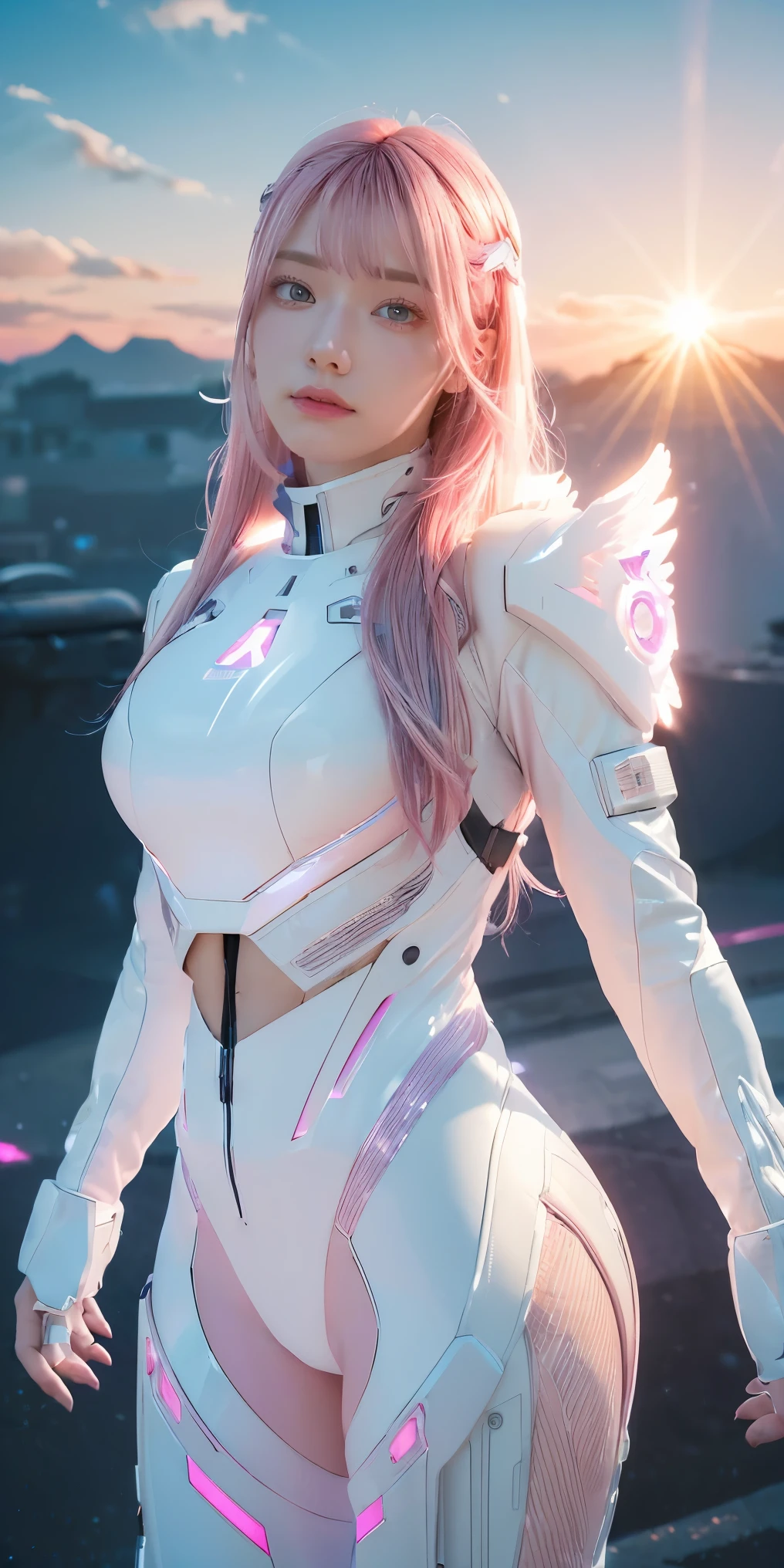 ((masterpiece, best quality, extremely detailed), volumetric lighting, ambient occlusion, colorful, glowing), 
1girl, solo, young girl, (pink hair), long hair, halo, aura, sacred, godness, cyber suit, (white outfit:1.3), android, bot, angel wings,
outdoors, sunset, sky, clouds, space, (cyberpunk theme:1.2),