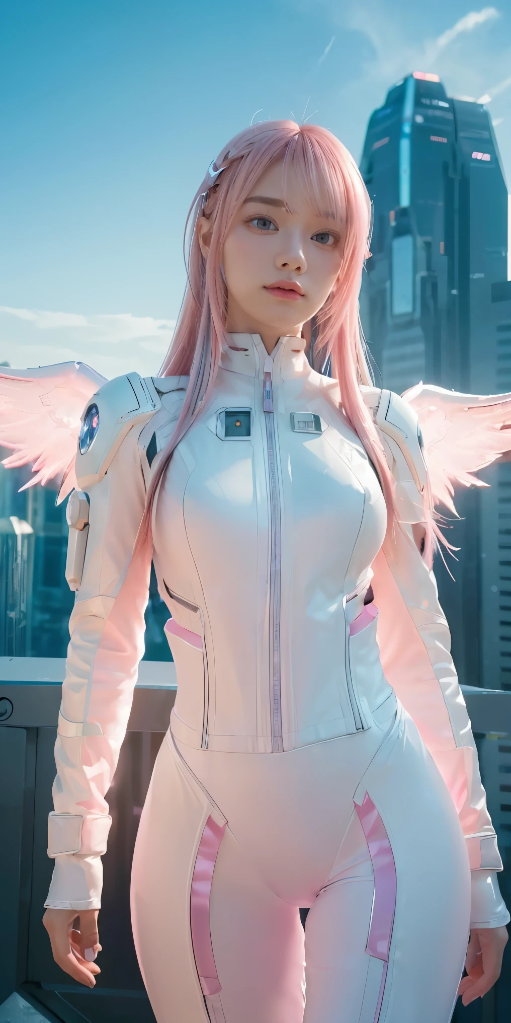 ((masterpiece, best quality, extremely detailed), volumetric lighting, ambient occlusion, colorful, glowing), 
1girl, solo, young girl, (pink hair), long hair, halo, aura, sacred, godness, cyber suit, (white outfit:1.3), android, bot, angel wings,
outdoors, sunset, sky, clouds, space, (cyberpunk theme:1.2),