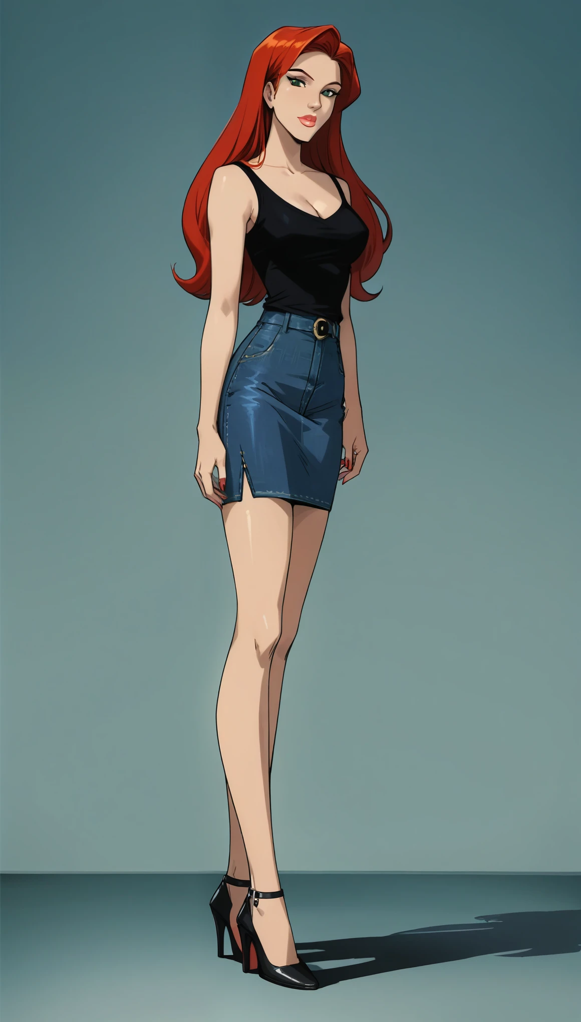 score_9, score_8_up, score_7_up, 1girl, solo, very sexy mature (Jean Grey, Evolution, long hair, red hair, green eyes, retro artstyle:1.3), short skirt, tight blouse, sleeveless, bare arms, cleavage, heels, (beautiful waifu, thicc, long legs:1.4), flirt, gaze, sexy look, half-closed eyes, head tilt, filled lips, thick lips, makeup, side view, (full bodies in view) expressiveh d4rk01l, perfect hands, perfect proportions, simple background, (ultra-detailed), (detailed face:1.2).