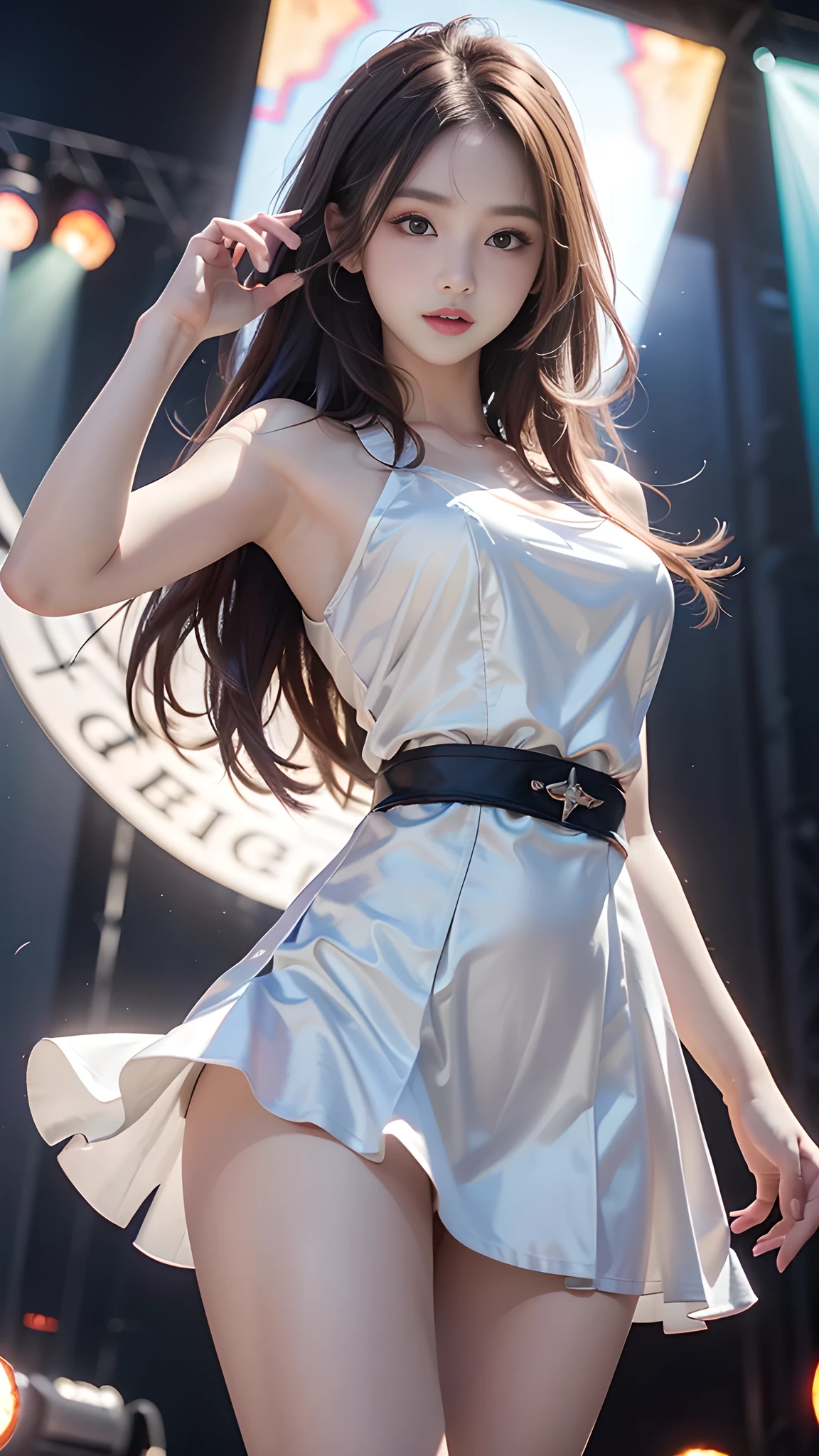 ulzzang-6500-v1.1, (RAW photo: 1.2), (Real photo), (Real photo: 1.4), 1 girl、Perfect anatomy、1、Looking at the camera、Medium length hair、dance dress, ((performing on stage: 1.1))、(Business service)、Asian eyes Ella,