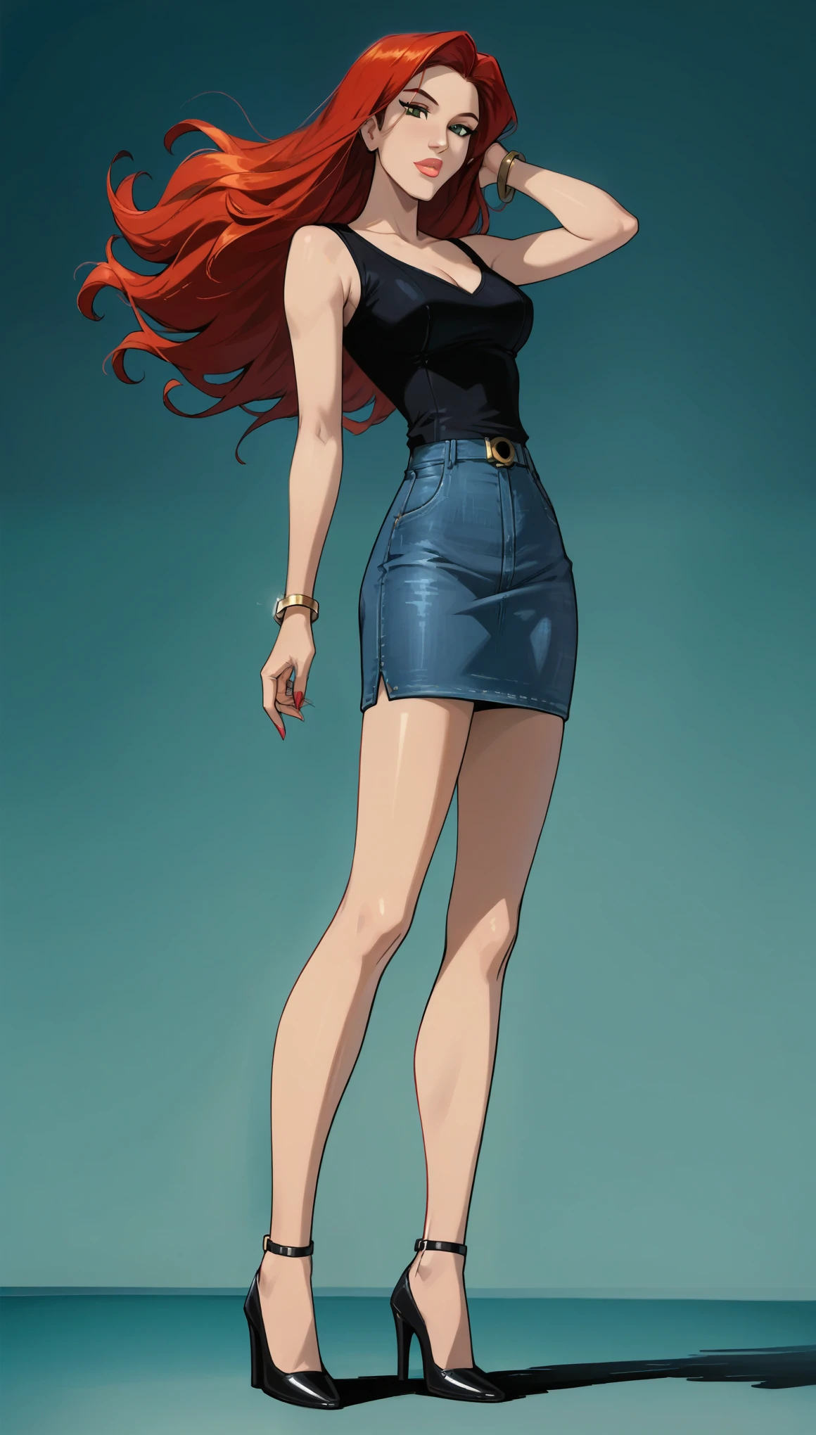 score_9, score_8_up, score_7_up, 1girl, solo, very sexy mature (Jean Grey, Evolution, long hair, red hair, green eyes, retro artstyle:1.3), short skirt, tight blouse, sleeveless, bare arms, cleavage, heels, (beautiful waifu, thicc, long legs:1.4), flirt, gaze, sexy look, half-closed eyes, head tilt, filled lips, thick lips, makeup, side view, (full bodies in view) expressiveh d4rk01l, perfect hands, perfect proportions, simple background, (ultra-detailed), (detailed face:1.2).