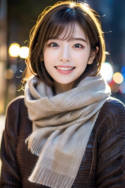 japanese、smile、28 years old、((No makeup、Close your mouth:1.2))、(Realistic、Photorealistic、Super detailed、Highest Detail Skin、Best Quality、masterpiece、Super A high resolution)、One girl、Has bangs、Ash Blonde:1.7、double eyelid、Droopy eyes、Japanese style face、purity、Keep your mouth shut、Realistic skin types、Thick muffler、Grey scarf、Fluffy hair、((There is hair in the scarf:1.3))、Red cheeks、The wind is blowing、it's snowing、night、illumination、Lighting from behind