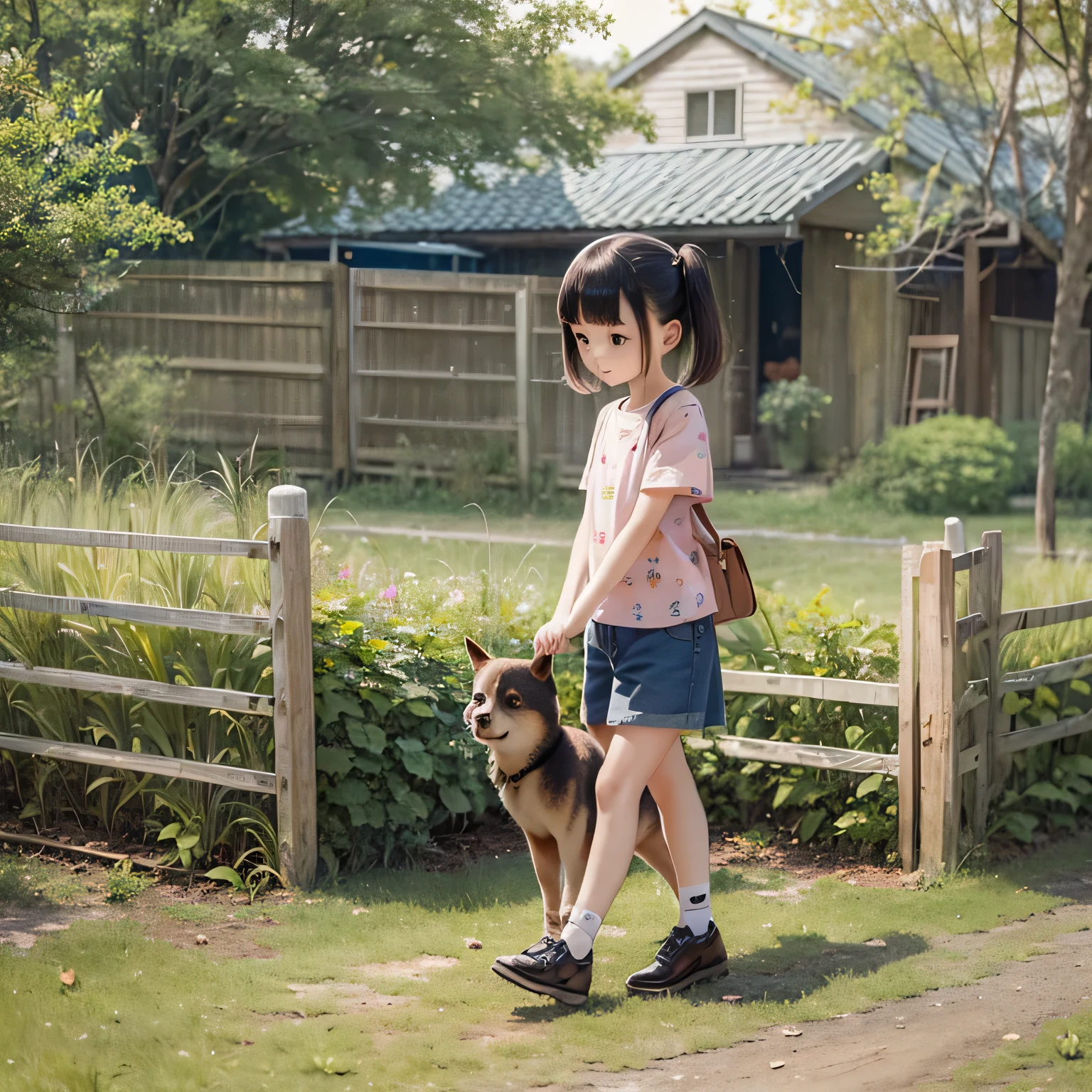 A with a red hat with a basket leads a large dog on a leash through the dark forest