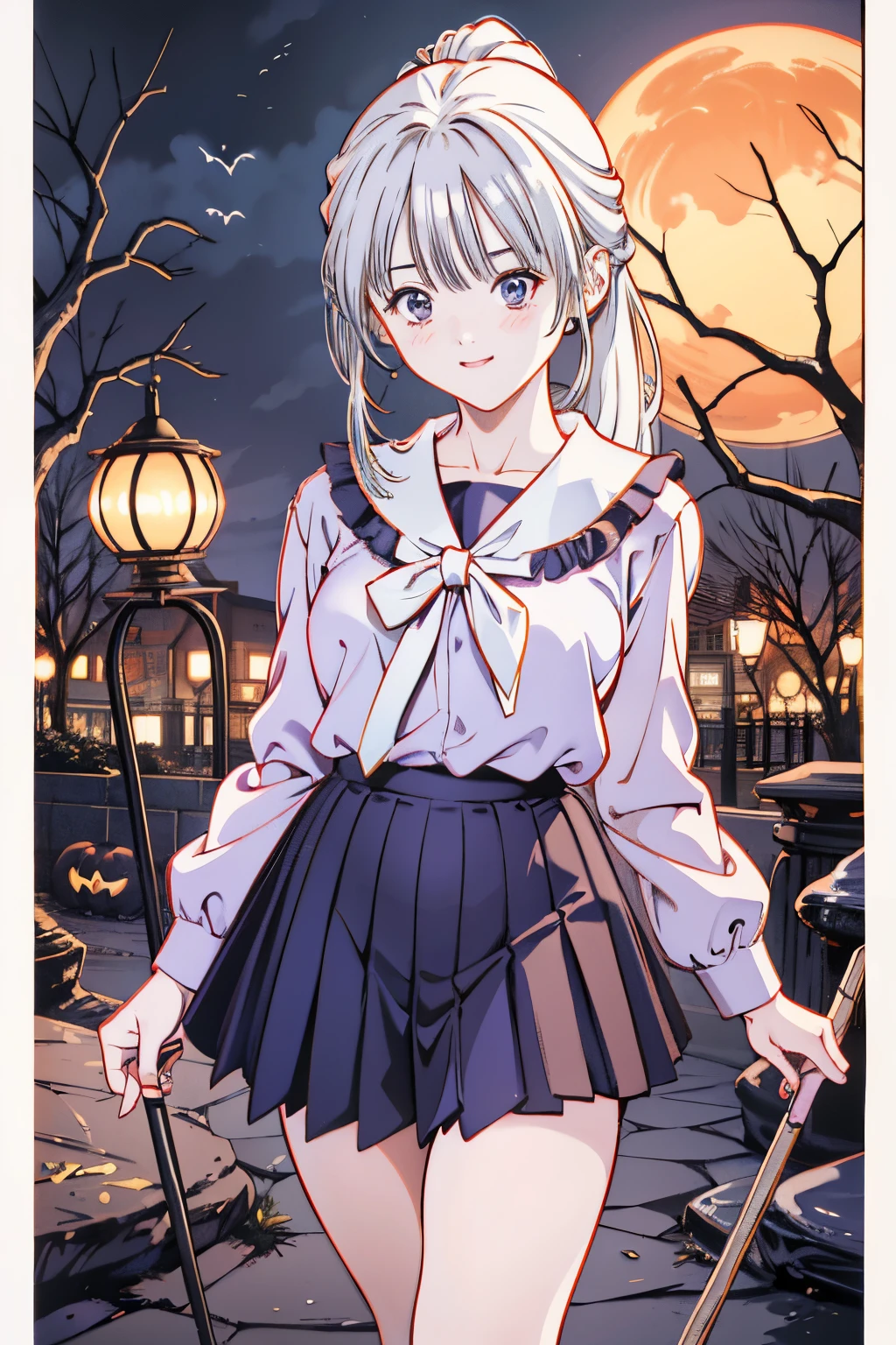 ((highest quality、８K、High resolution、masterpiece、Super detailed))、one girl、（young girl）、Full body photo of the front、((standing))、looking at the camera、white hair、silver eyes、short hair、Big eyes、smile、sailor suit、flat chest、(white stockings)