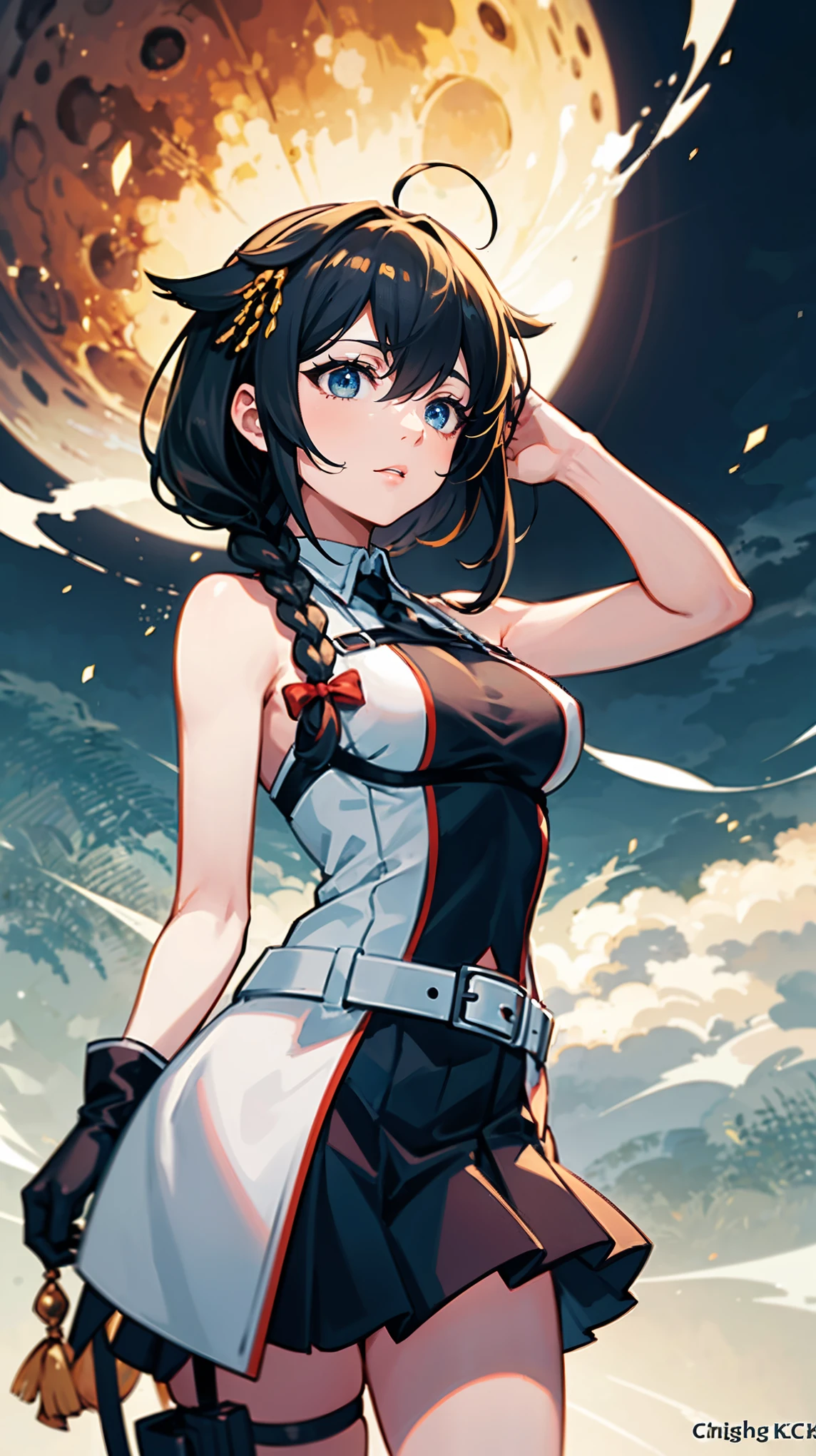 8k high resolution (Super detailed), masterpiece, (Best Quality), Real anime style Detailed eyes, Detailed face Detailed hands Fine hair Very detailed body、Fine skin, Very elaborate hair ornament, Precision sculpted body and hands One Girl Kantai Collection_Shigure ShigureKaiSanCasualKC Sleeveless, Black thimble gloves, Black skirt, Braids, Large breasts Standing posture Brave expression Composition looking up from below