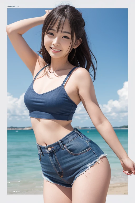 (masterpiece:1.3), (8k, Realistic, RAW Photos, Best image quality: 1.4), (Random Hairstyles:1.2)、(Highly detailed face)、Attention to detail、double eyelid、(Dark Eyes),(Sharp focus:1.2)、((whole body:1.5)),One Woman、Beautiful woman:1. 4,20-year-old woman、smile,Woman with a perfect body,Chest-length hair、Highest quality、masterpiece、Ultra-high resolution、(Realistic:1.4)、super high quality、Symmetrical face、The face is very realistic、Photo level、8k最高画質はフル、Sebaceous reflex、The face is very realistic、Extremely realistic skin、Realistic light and shadow effects、(Pure and elegant),Professional Lighting、((Shade,dim)),((Swayback stance)),(((Beautiful thighs))),((Recurve your hips back,Bend your waist)),((bikini,Denim shorts)),((Beach)),Landscape