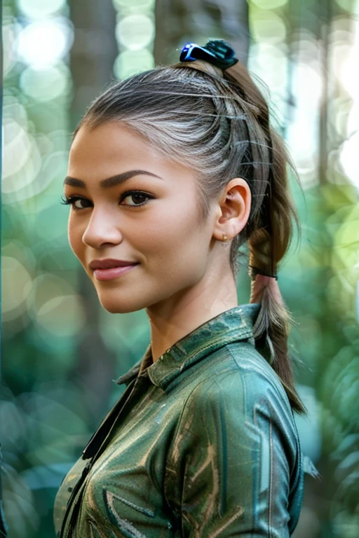 (zendaya:.4), (32k:1.5, Highest quality, masterpiece, Ultra-high resolution), Professional camera work:1.6, Highly detailed skin and face textures:1.3, Captivating portrait:1.2, Very accurate, Very detailed, 1 adult female, ((in the pine tree forest:1.4)), Incredibly slim body, sense of loss, Sadness, Expressions of sadness,  Small face, ((ponytail:1.3)), (medium shot), ((smiling))