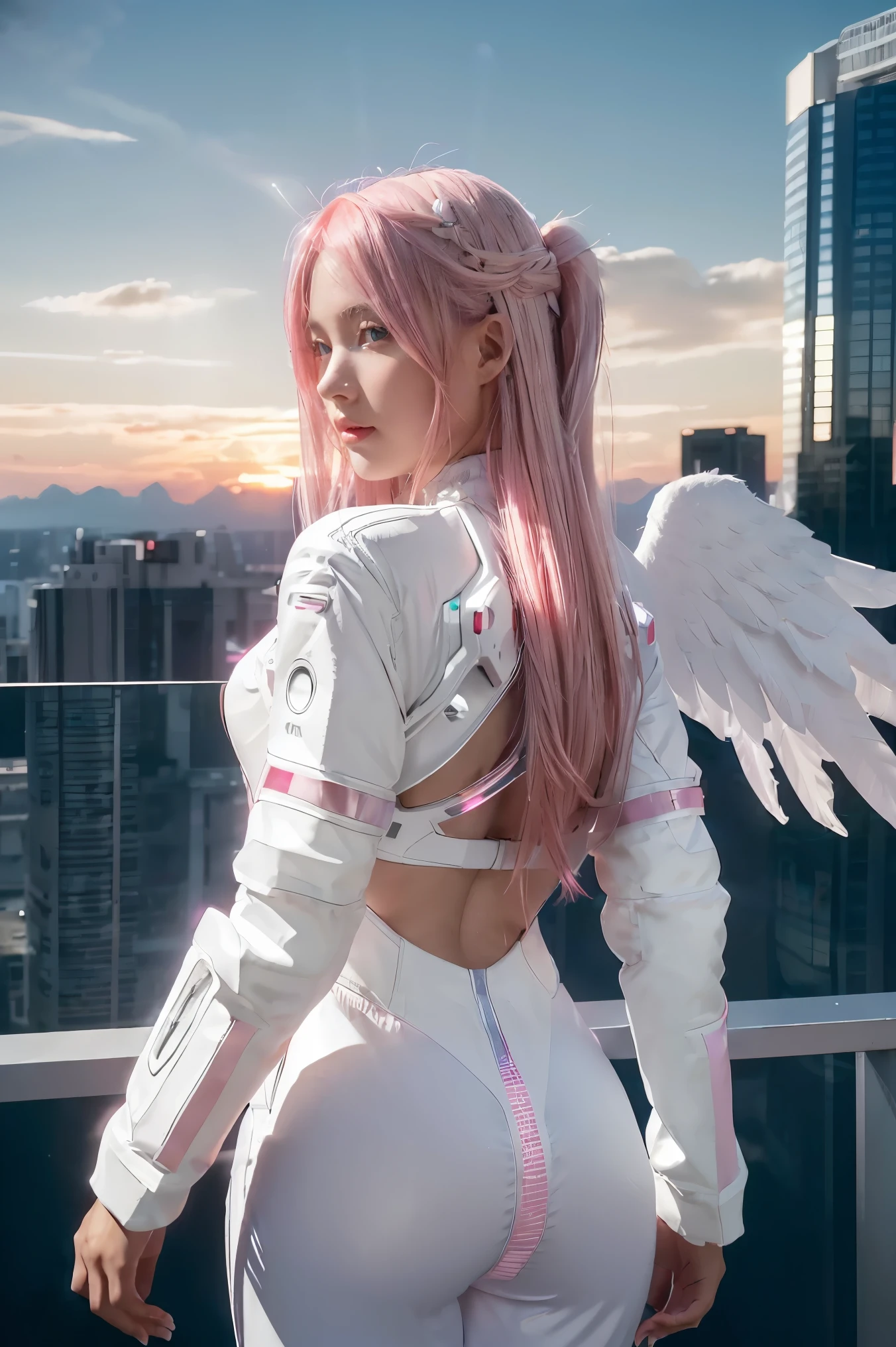 ((masterpiece, best quality, extremely detailed), volumetric lighting, ambient occlusion, colorful, glowing), 
1girl, solo, young girl, (pink hair), long hair, halo, aura, sacred, godness, cyber suit, (white outfit:1.3), android, bot, angel wings,
outdoors, sunset, sky, clouds, space, (cyberpunk theme:1.2),