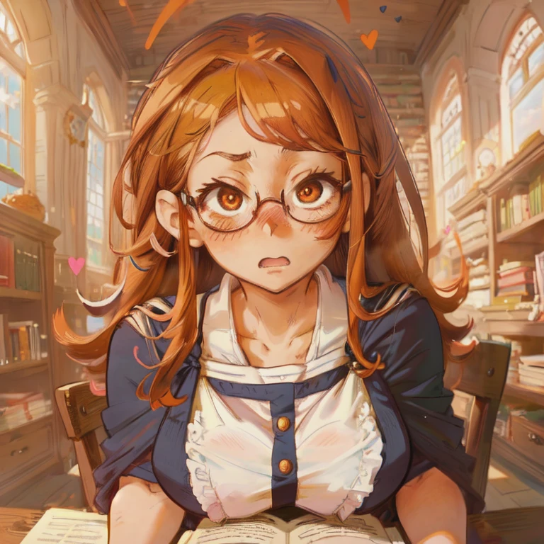 1 girl with a cute face, sitting on a chair, ((shocked face)), ((blushing:1.5)), (eyes open wide), wearing circular eyeglasses, long orange hair, orange eyes, big eyes, d-cup breasts, wizard cloak, (in a library), (portrait), masterpiece, (high definition), smooth and clean, ((anime)), (My Hero Academia artstyle)