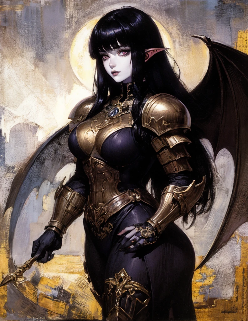 (best lighting) (best quality, masterpiece:1.2), (absurdres), 4k, (detailed eyes), (detailed face), ethereal demonic woman wearing medieval armour and bodysuit with short black hair, blunt cut bangs and ((pale white skin)). Large bat wings. Curvy. She's standing in front of an old gothic castle illuminated by a large moon over head, ((black armour)), dark, moody, ((gothic)), ((dark fantasy)), medieval